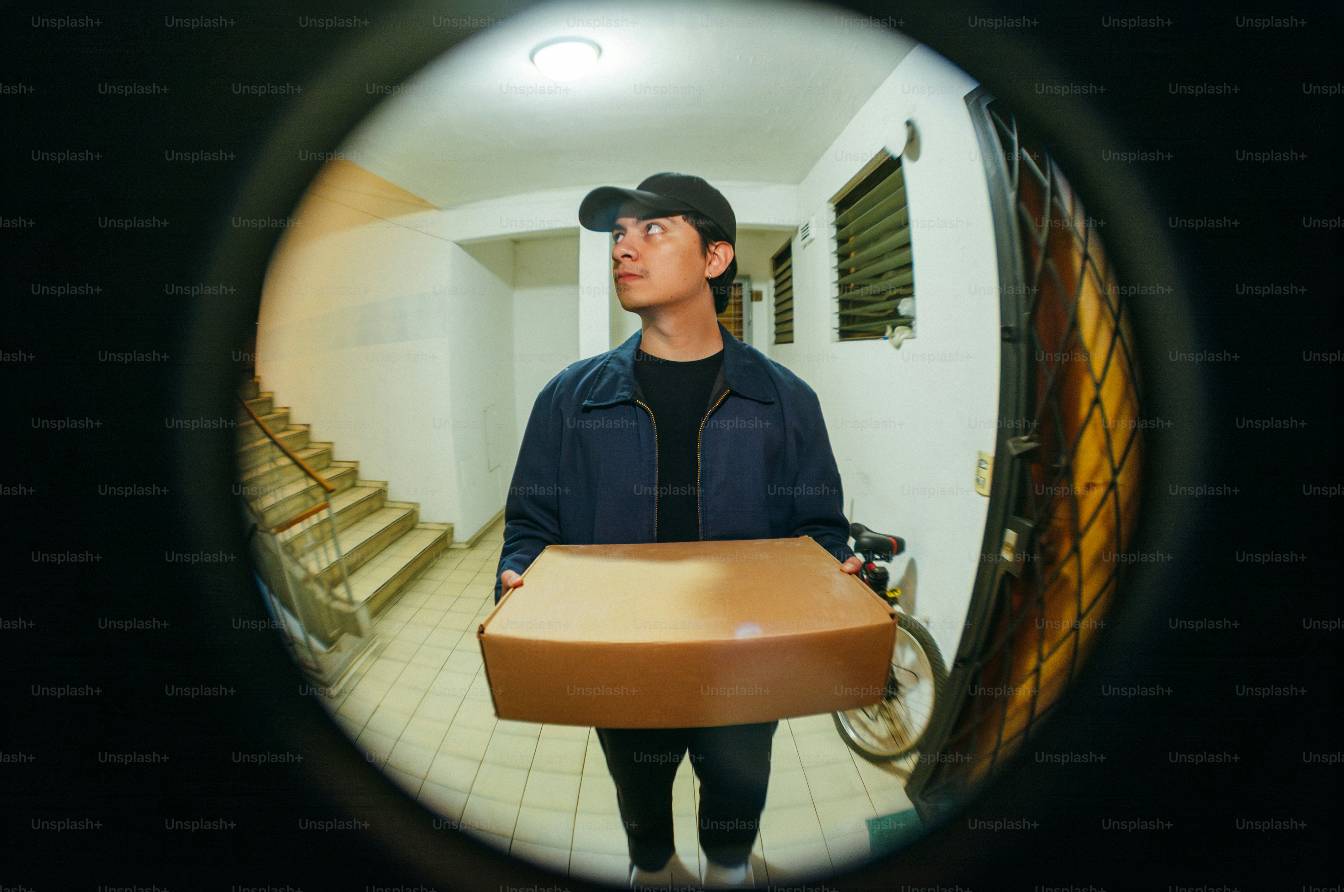 Delivery person holding a pizza box at the door.
