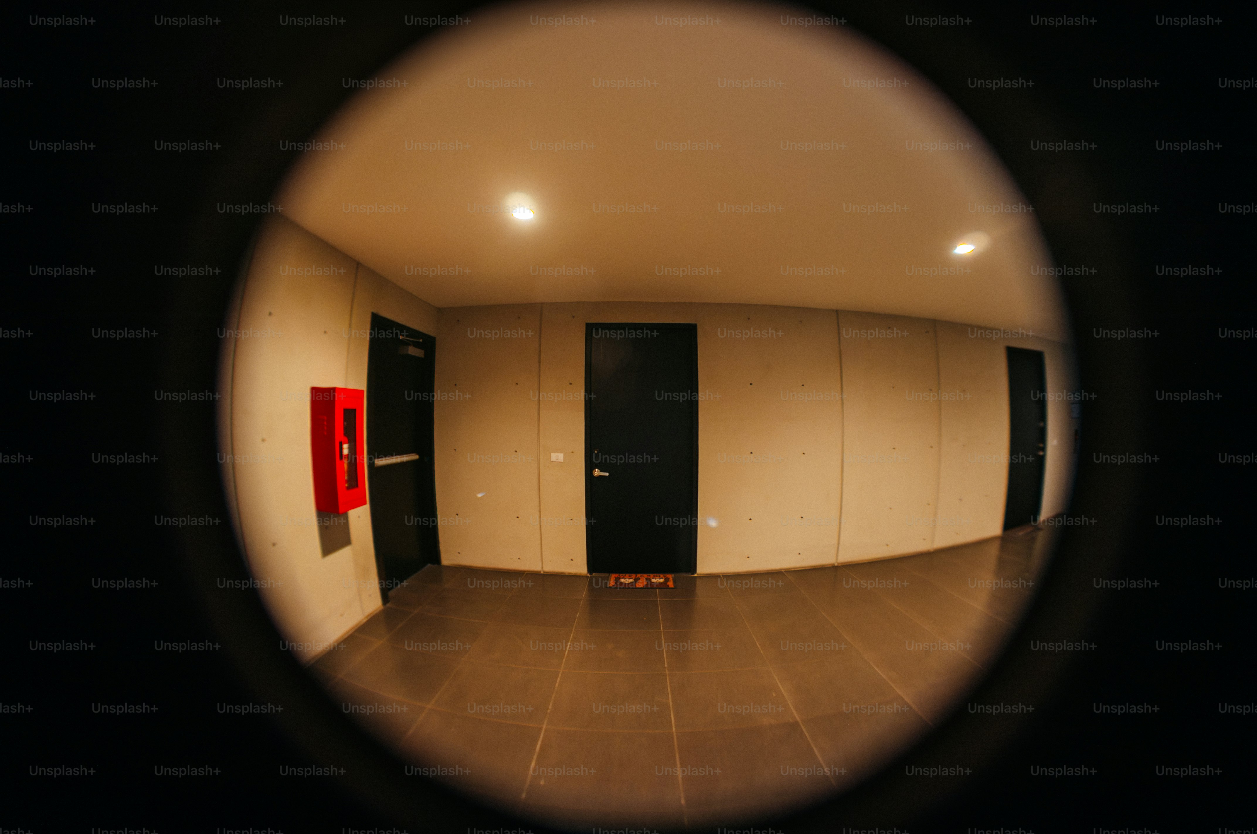 Empty hallway with doors and fire extinguisher