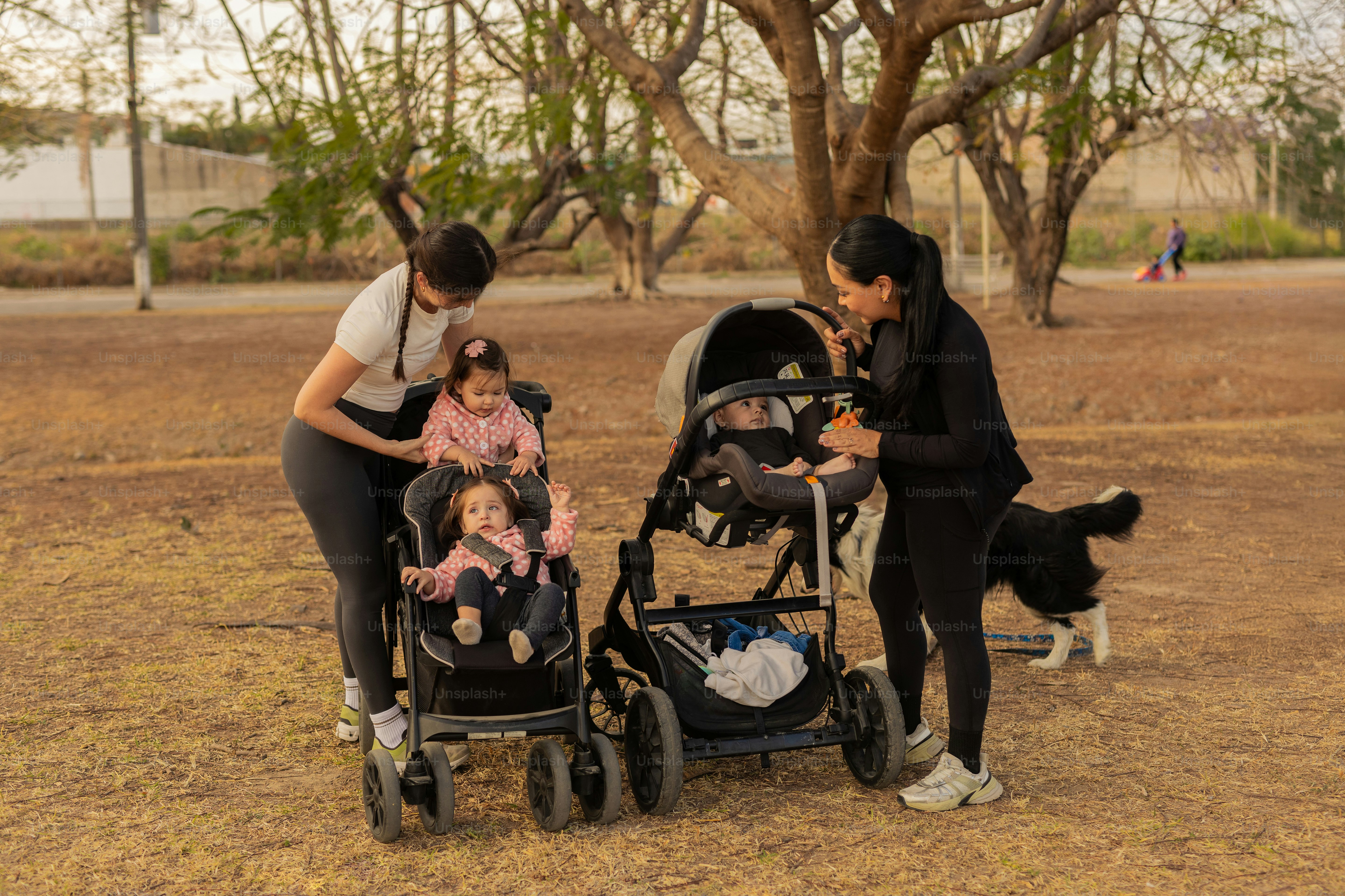 Dua wanita dengan bayi di kereta dorong di taman