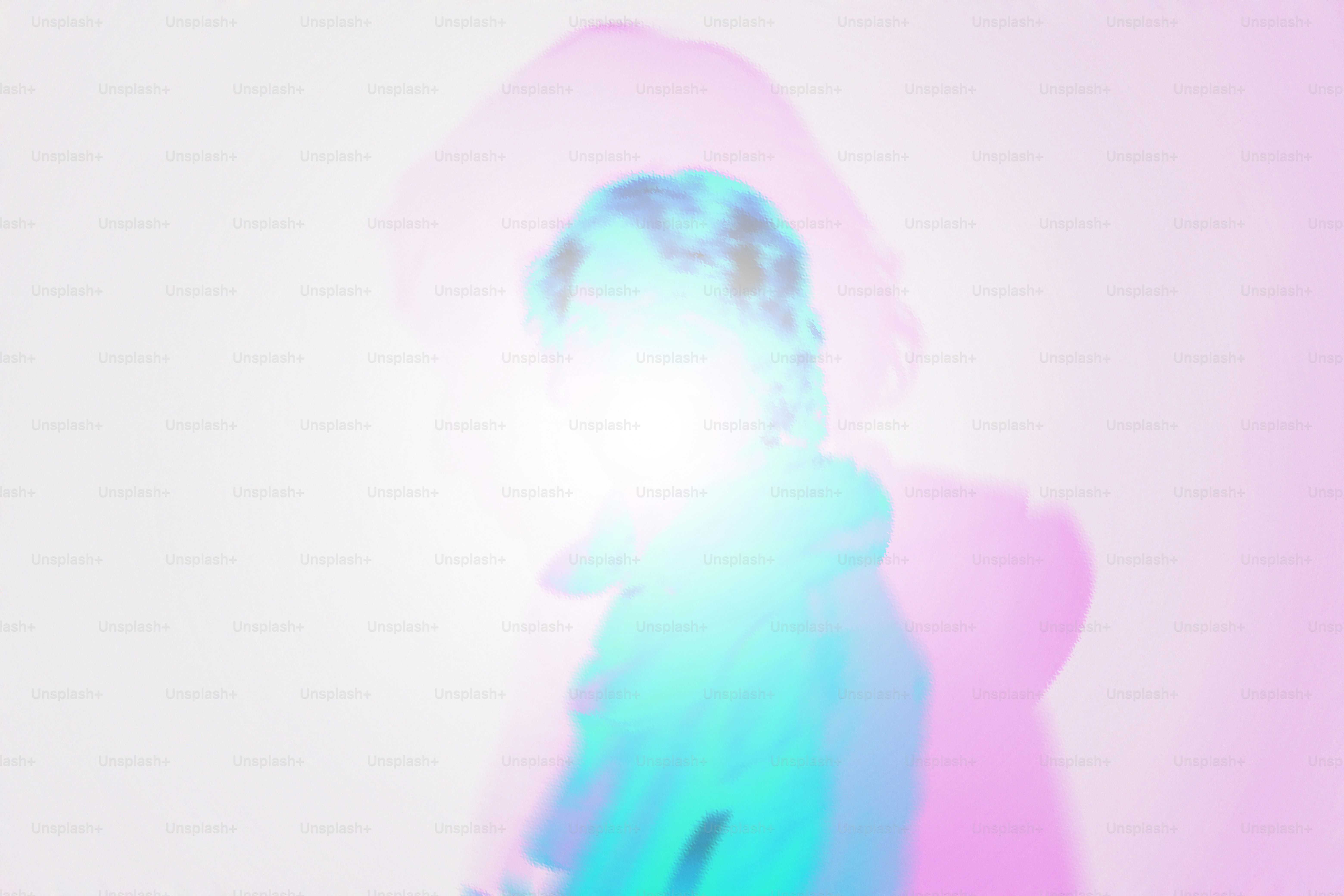 Person with glowing face and pink shadow