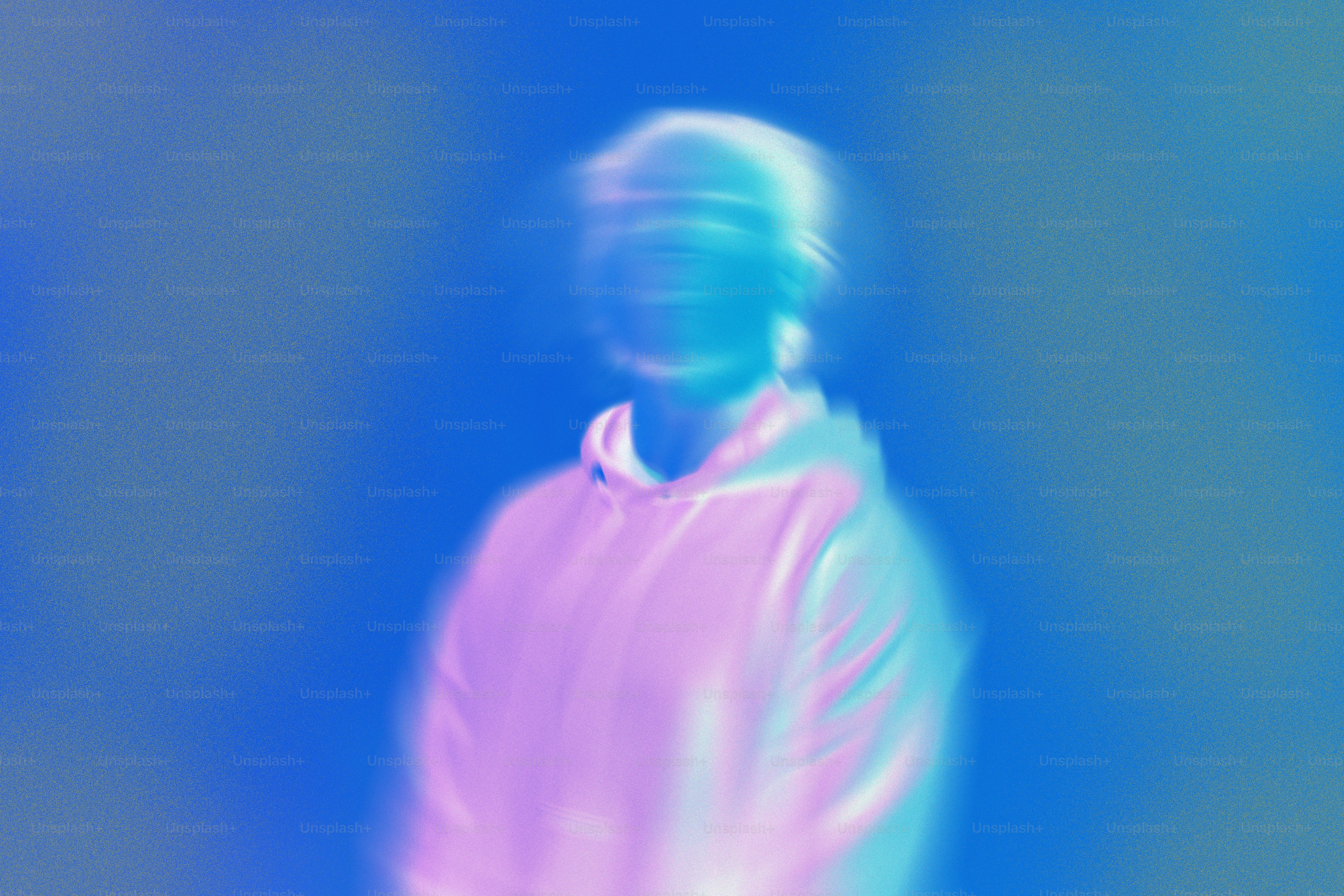 Blurred figure in a hooded sweatshirt with neon light effects.