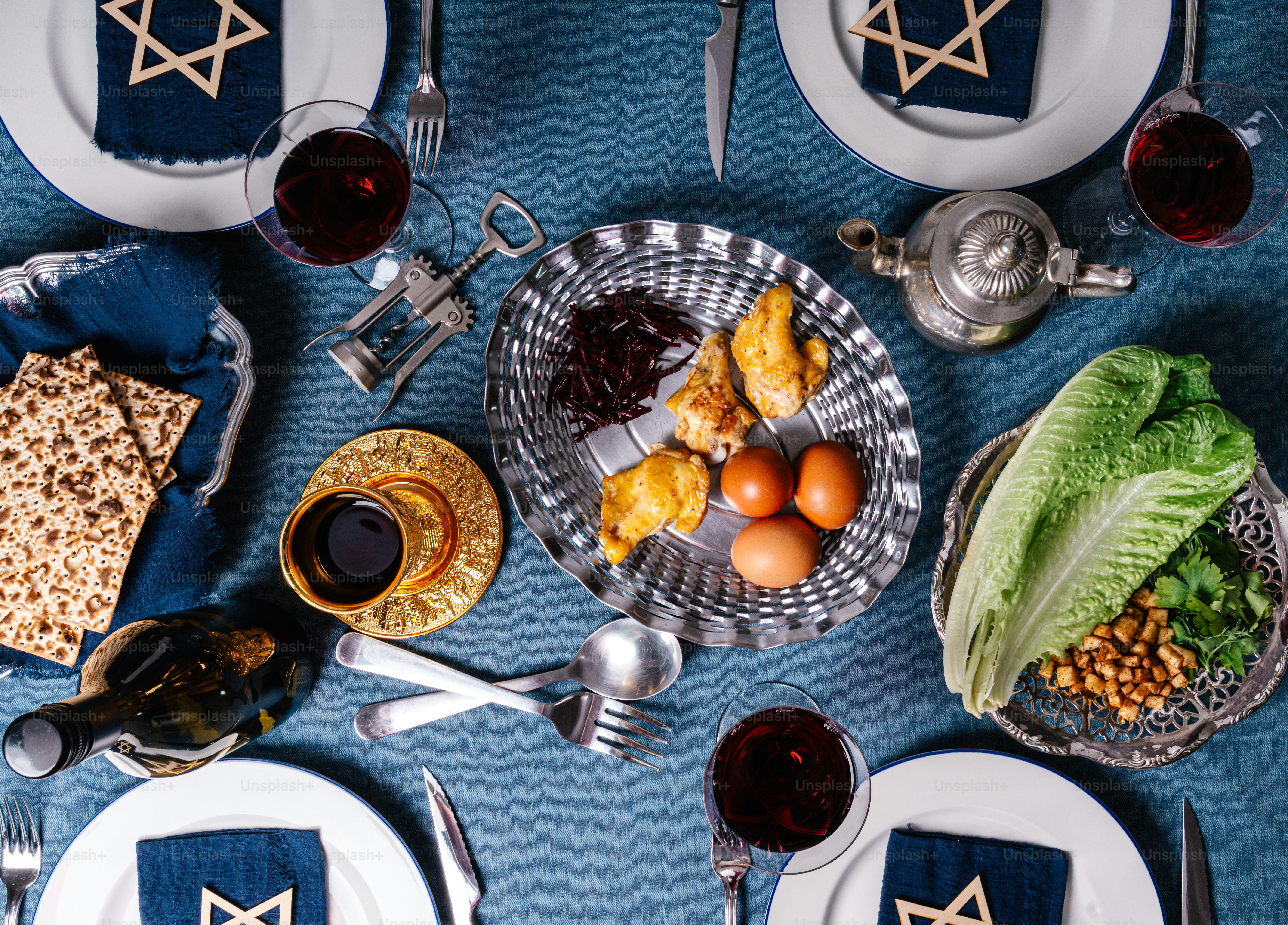 Passover seder table with matzah and symbolic foods. photo – Wine Image ...