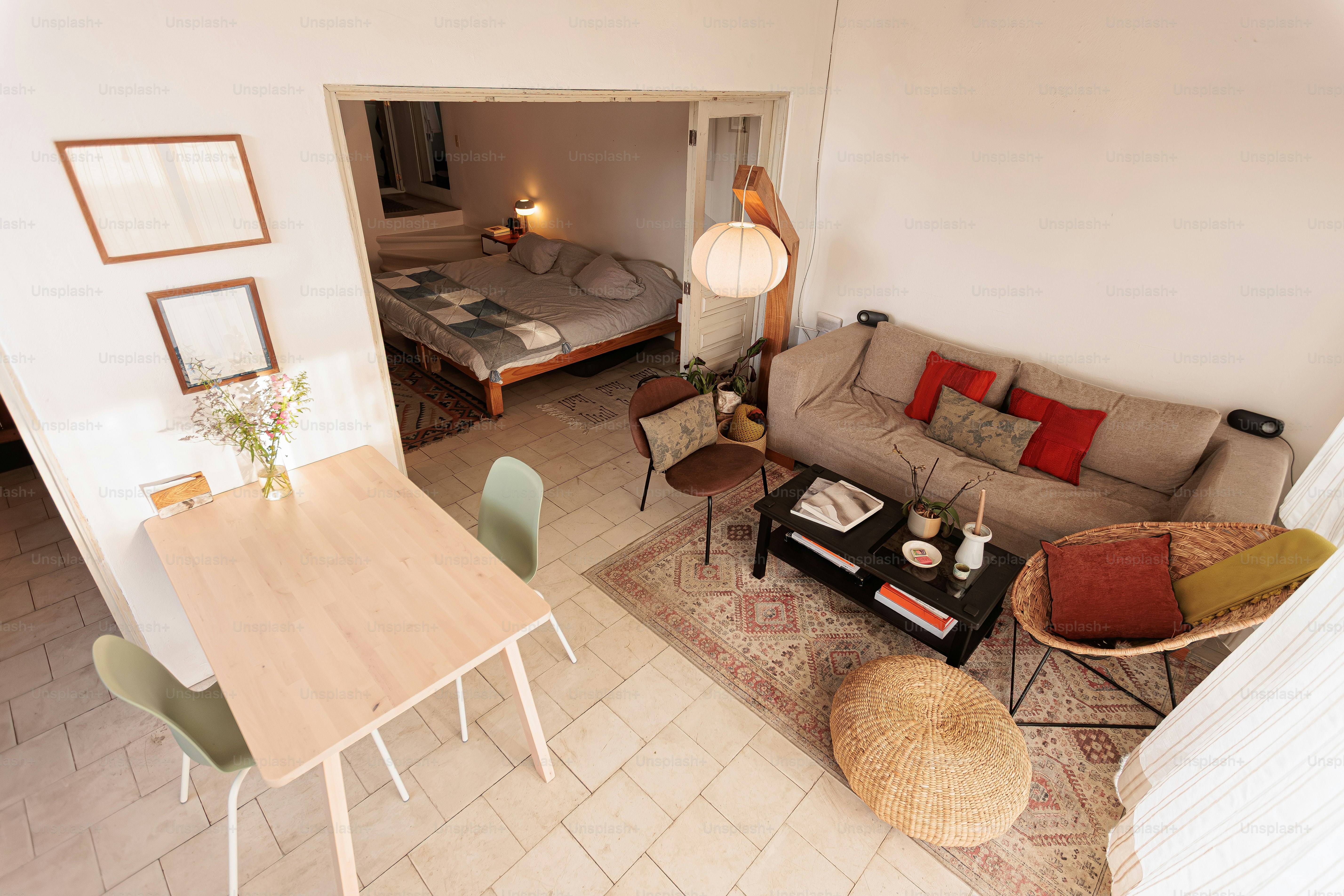 Cozy living room and bedroom with dining area.