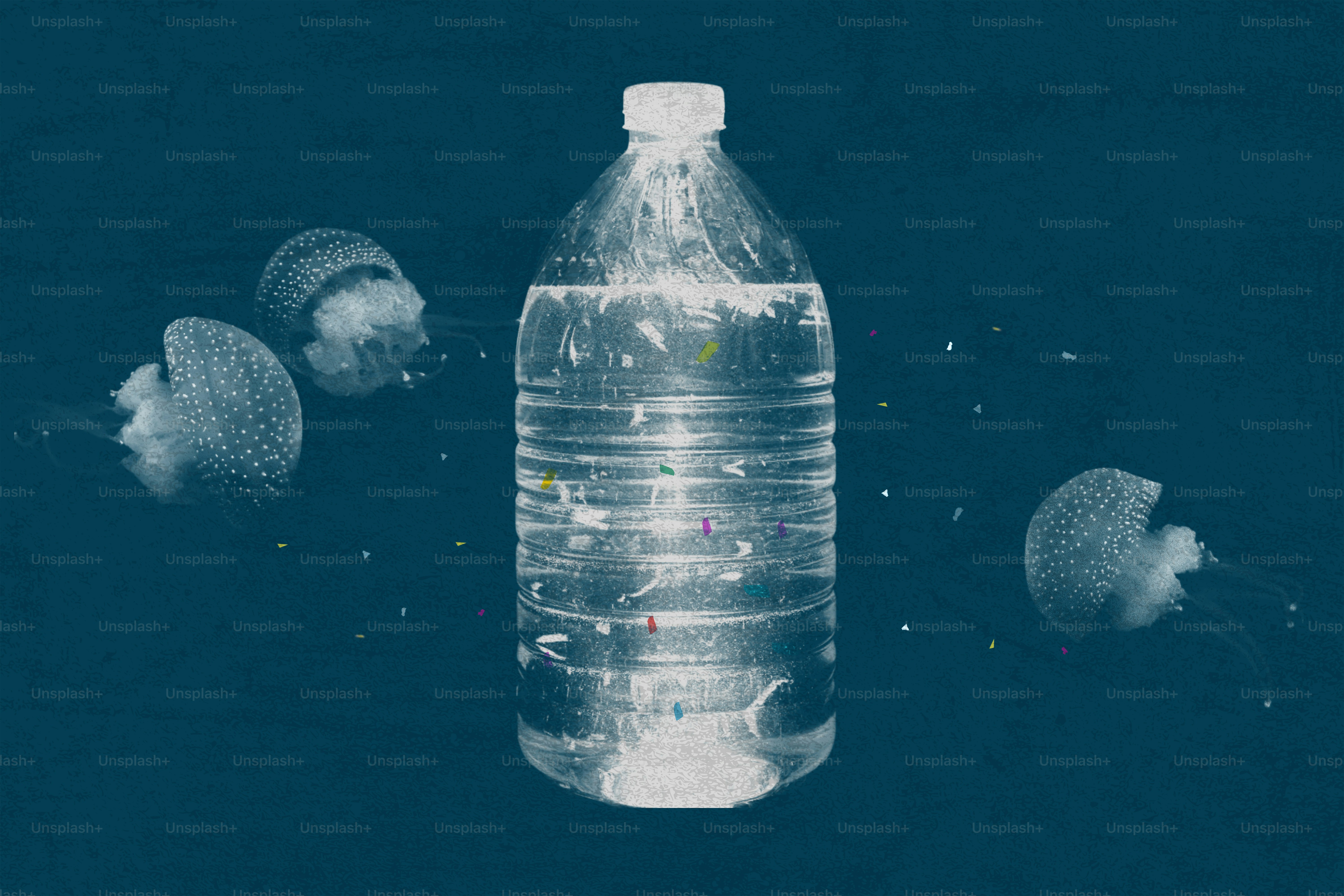 Botella de plástico flotando con medusas en aguas oscuras