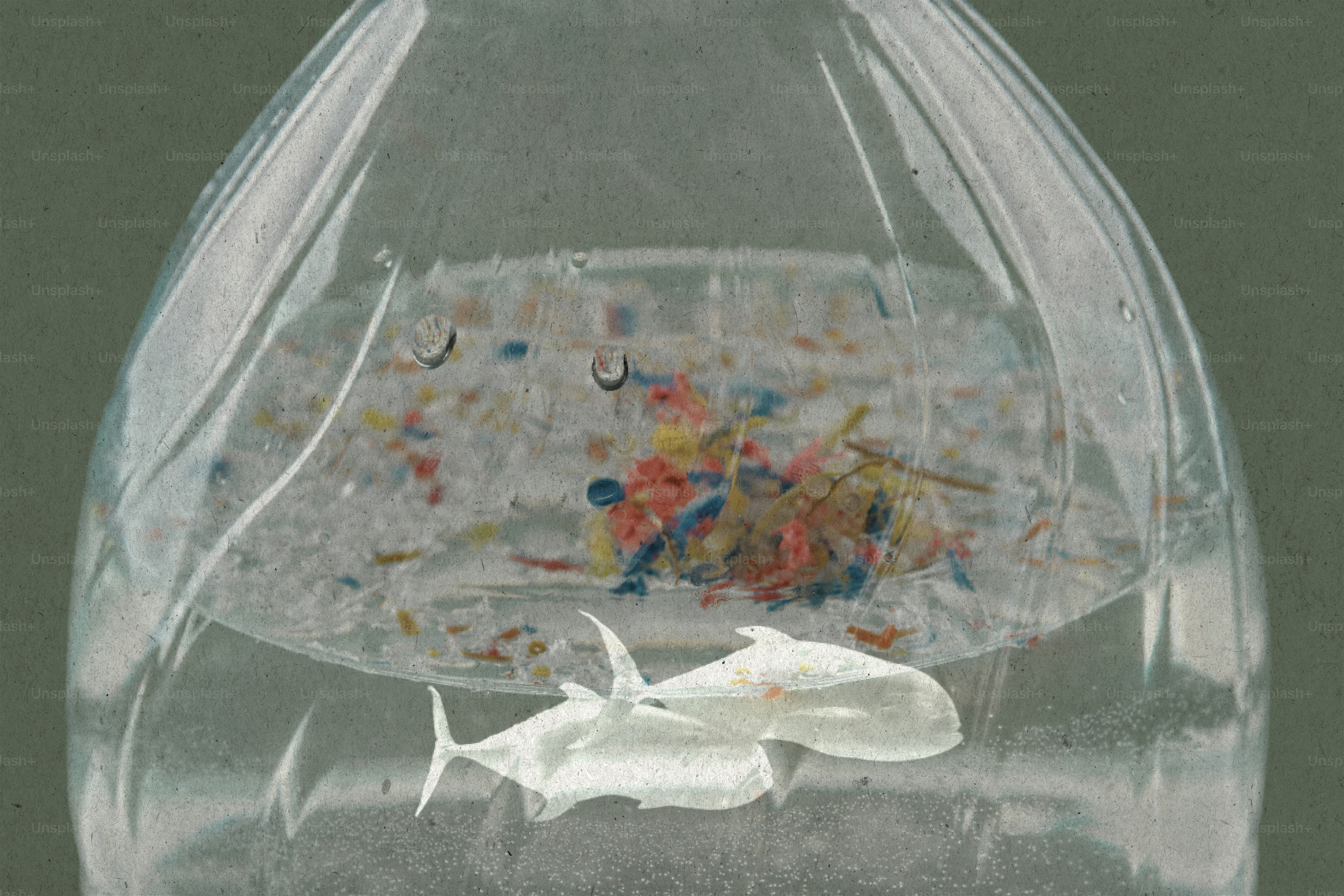 Puing-puing plastik dan ikan di dalam botol bening.