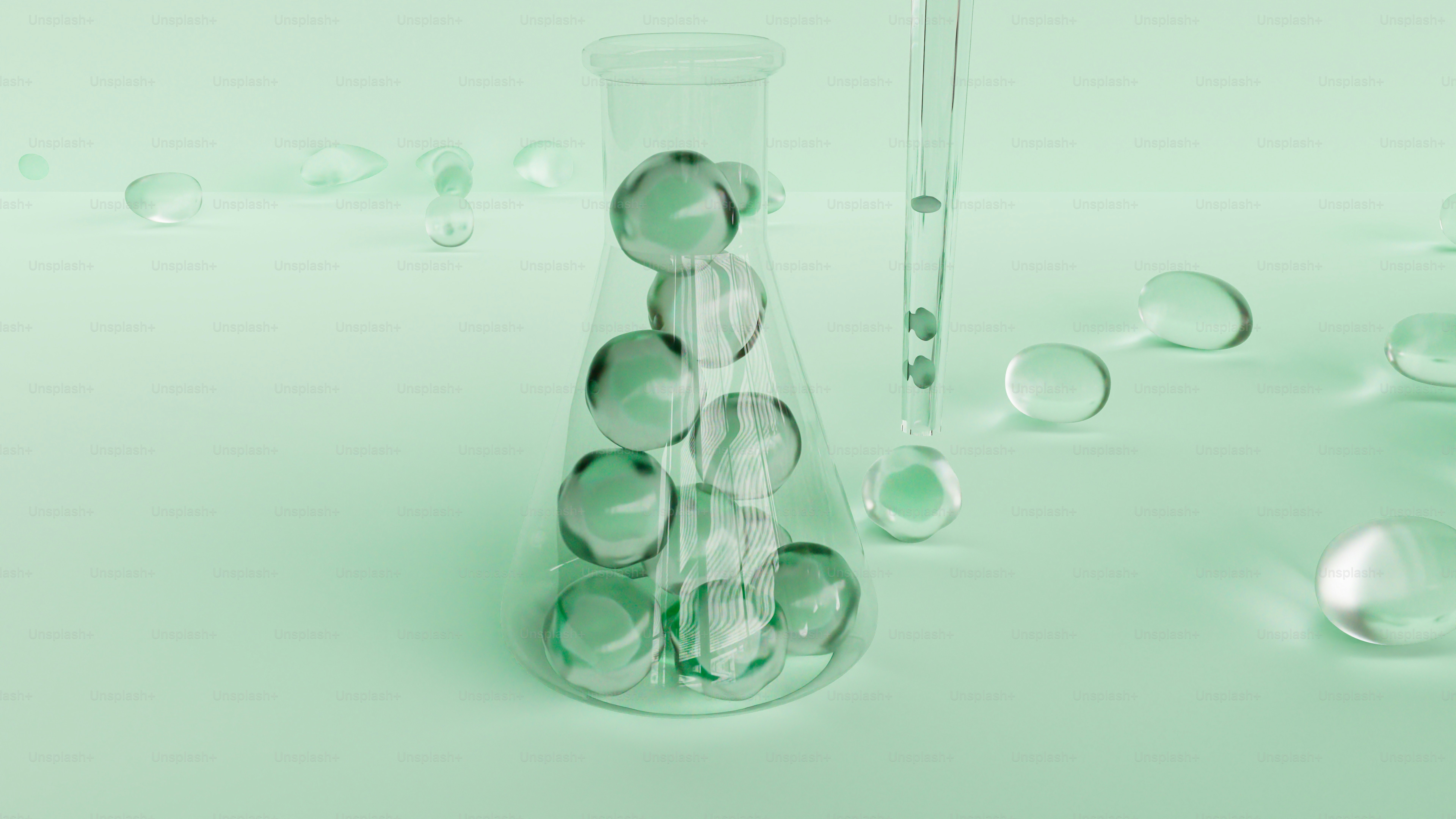 Frascos de cristal con esferas transparentes sobre fondo verde claro