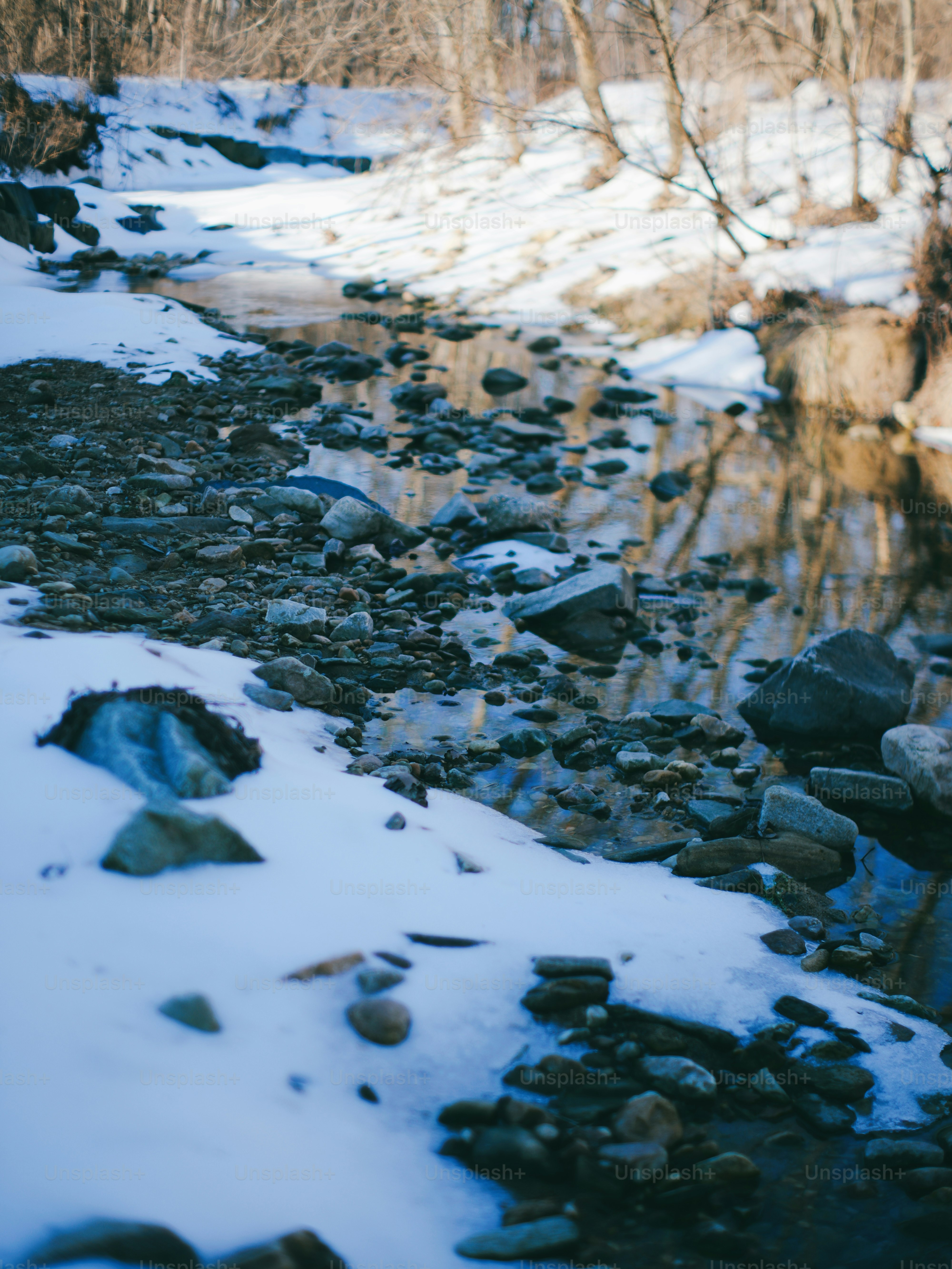 A stream flows through a snowy, rocky landscape.