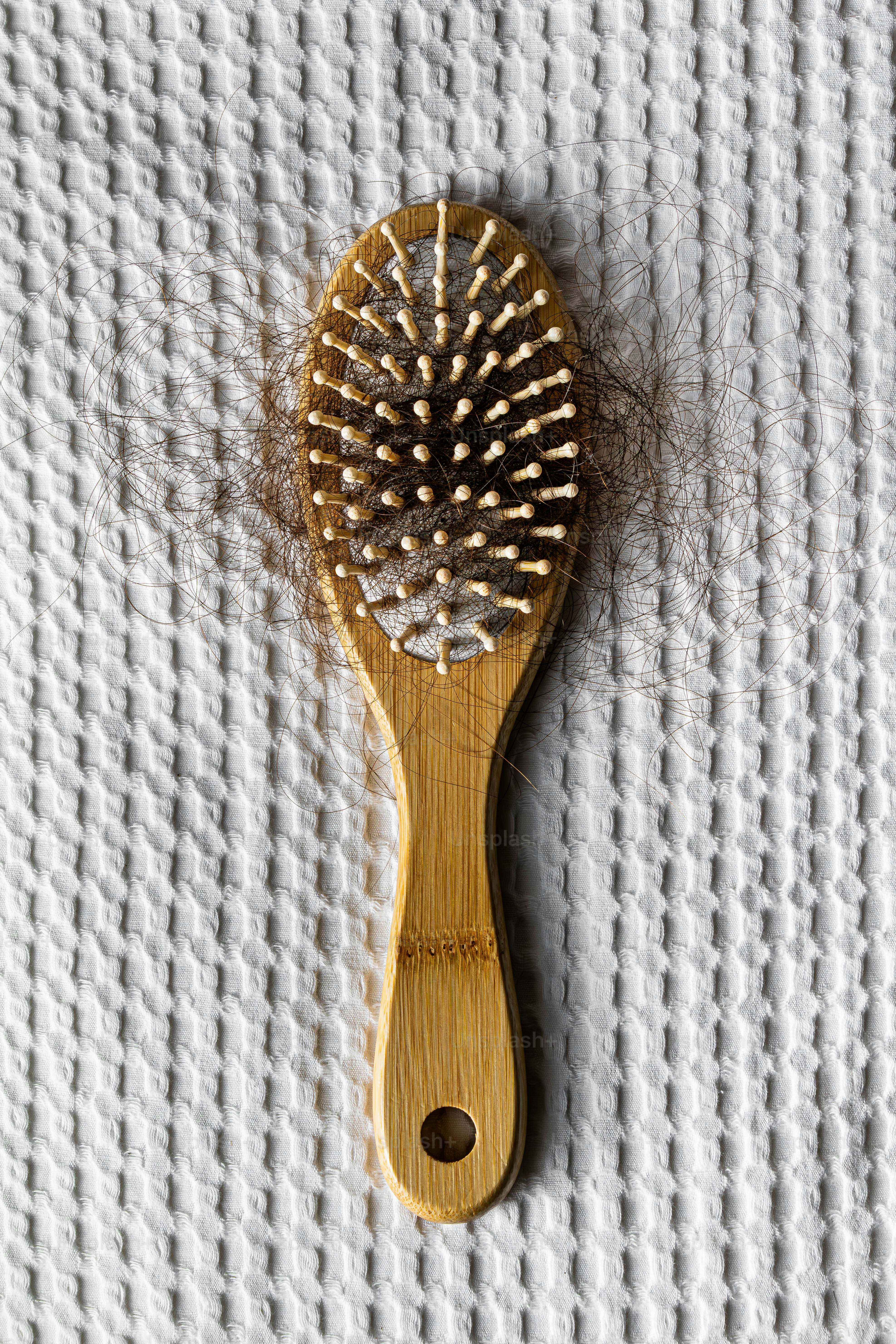 Eine hölzerne Haarbürste mit Haaren an den Borsten