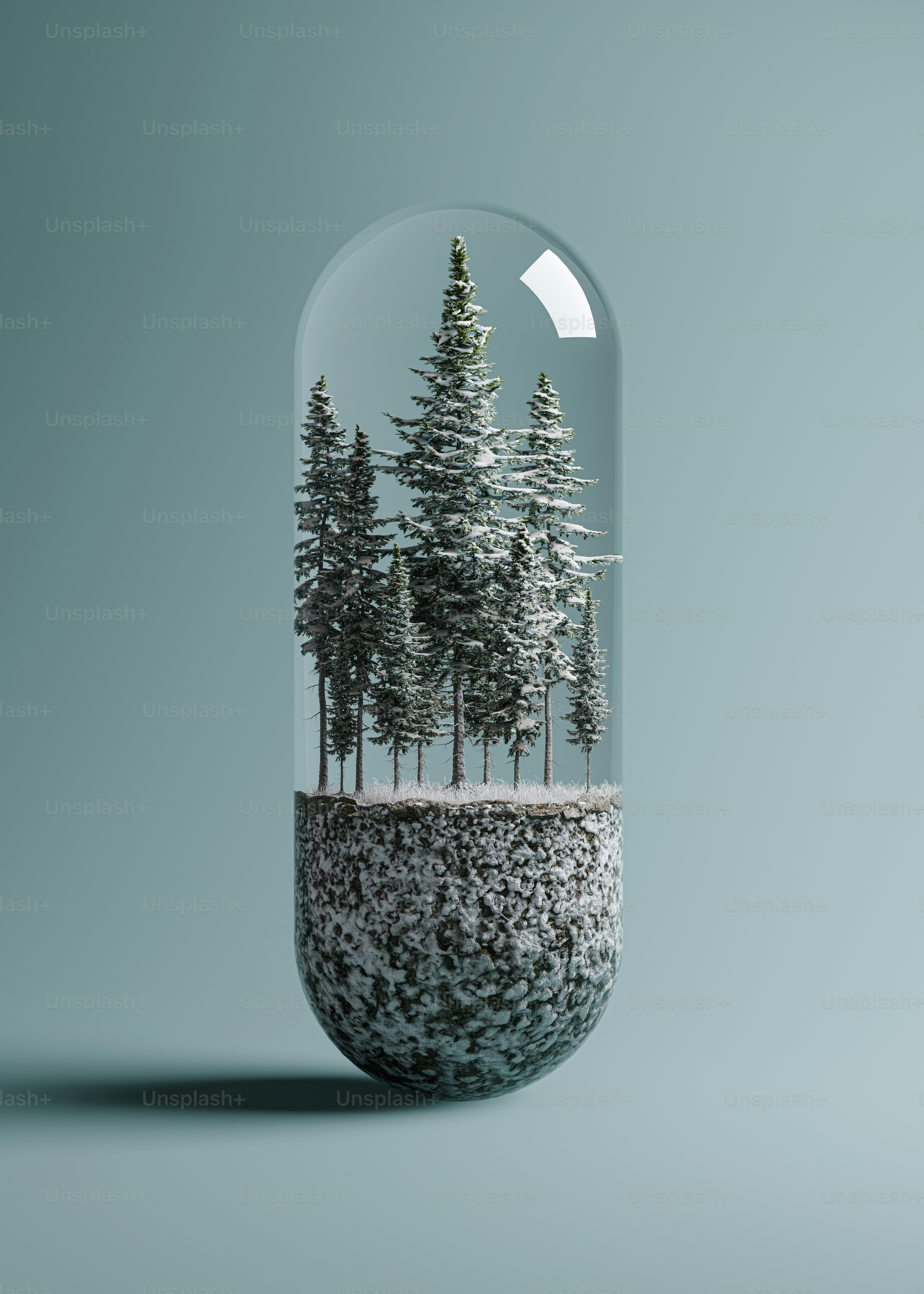 Snow-covered evergreen trees inside a transparent capsule photo ...