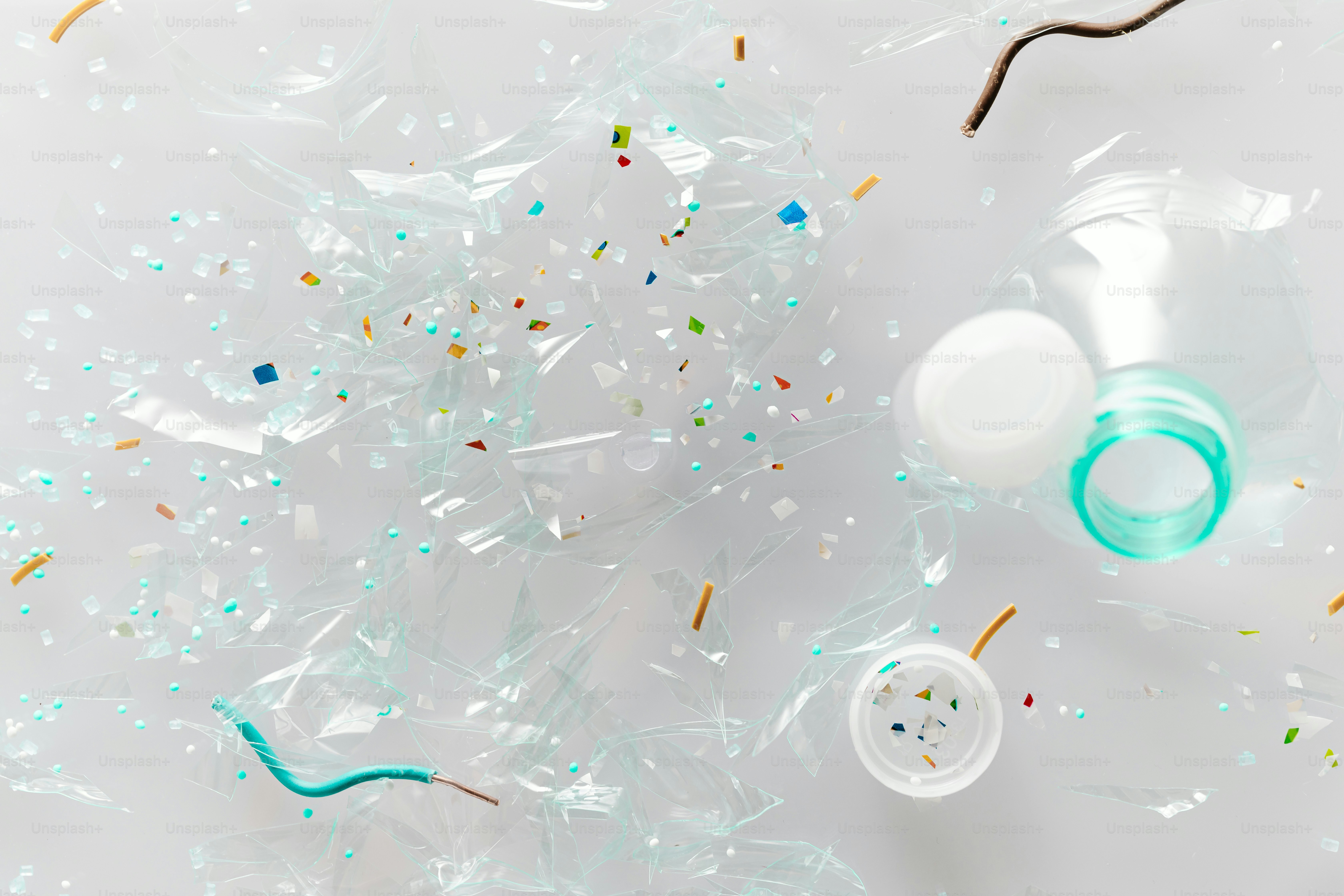 Plastic debris and microplastics floating in water