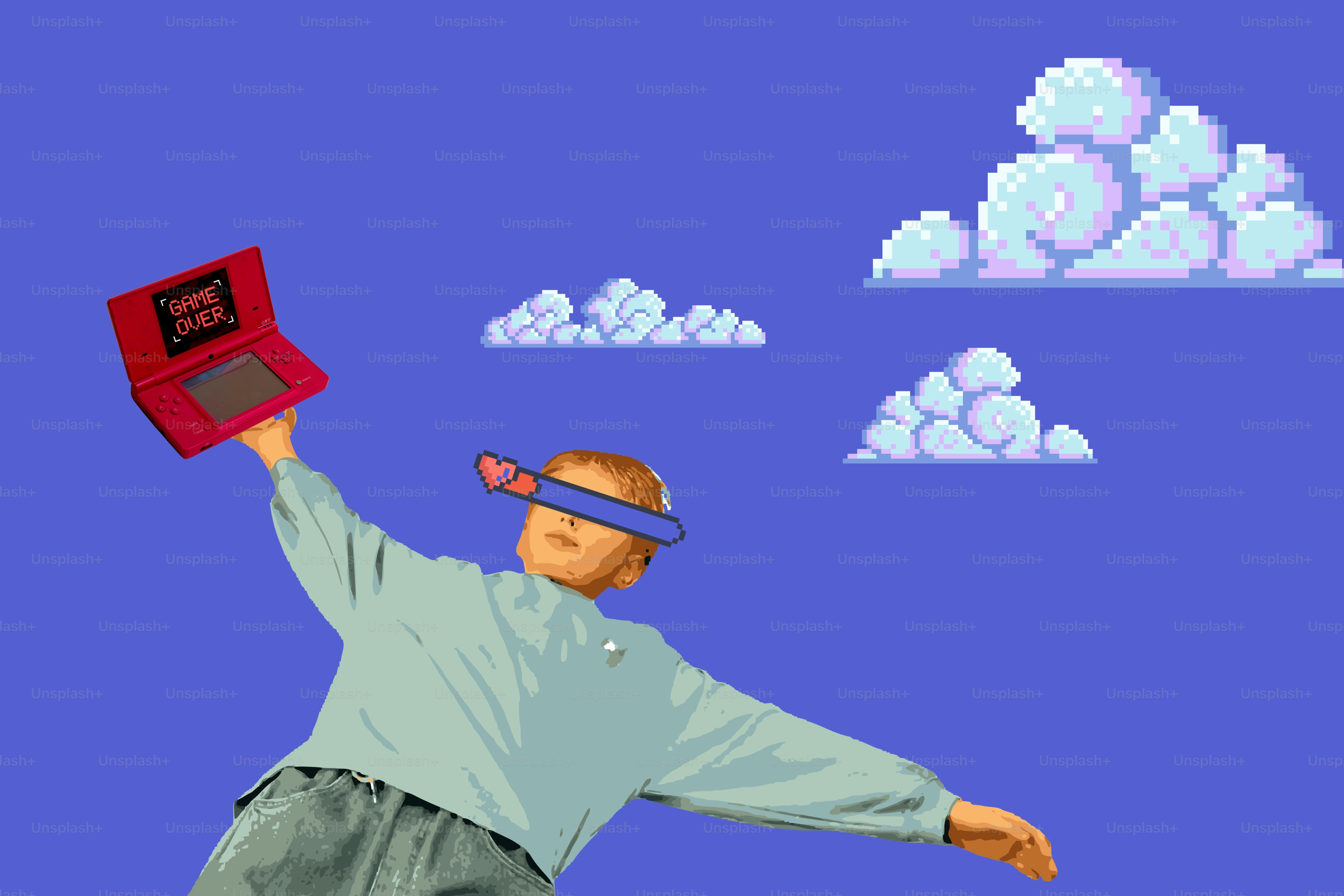 Anak memegang konsol game merah dengan awan piksel