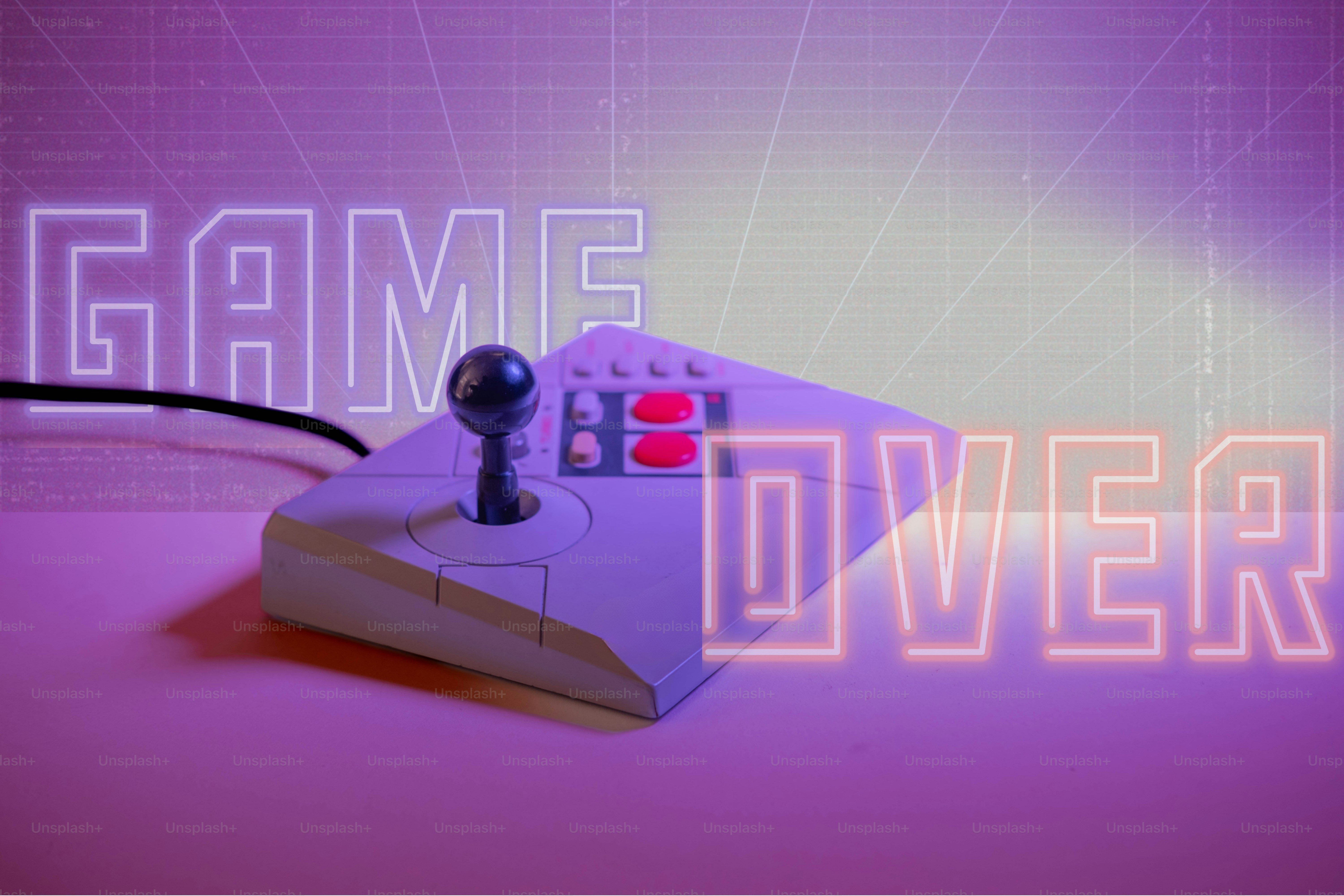 Joystick retro dengan teks "game over" neon