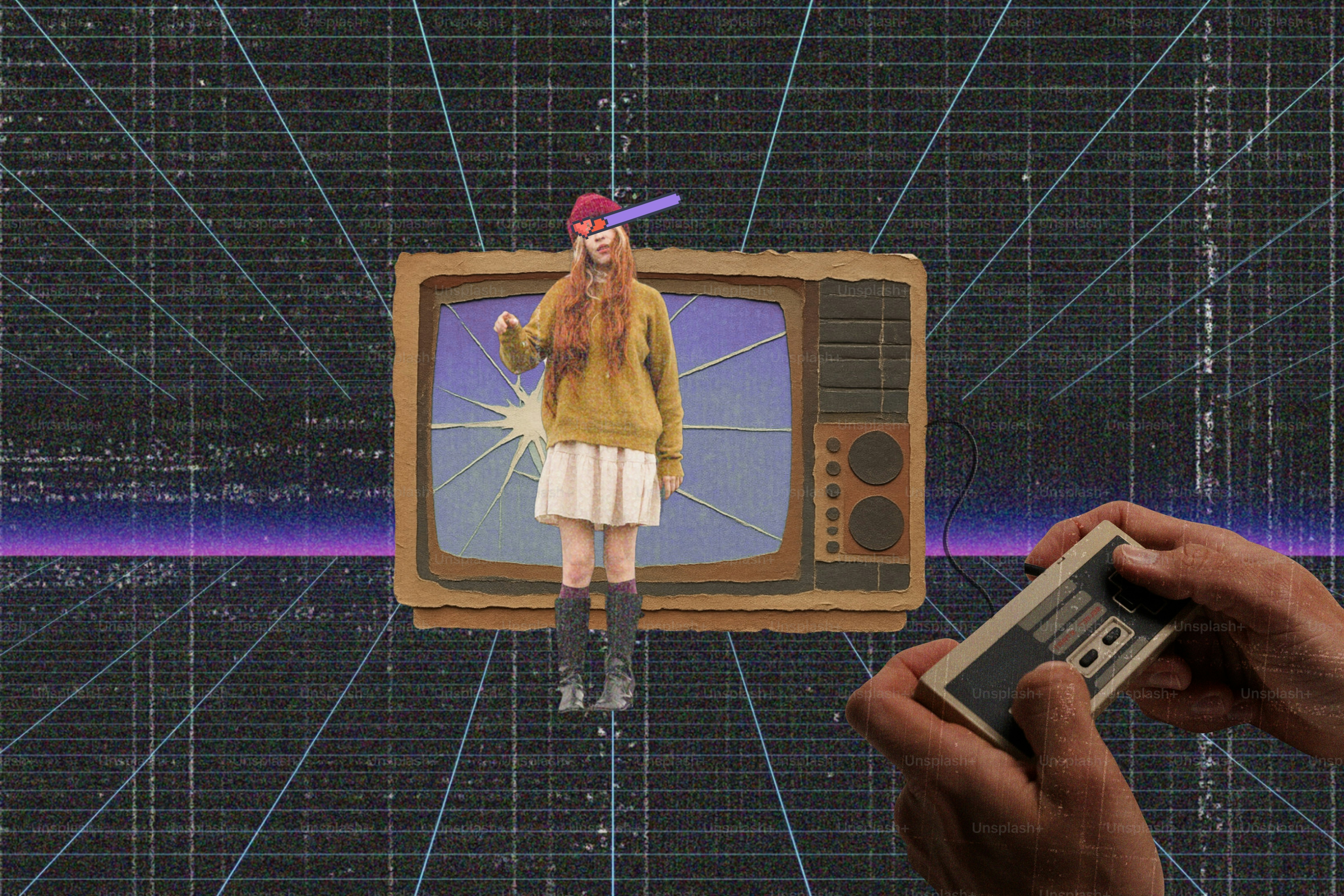 Televisi retro dengan orang dan pengontrol video game