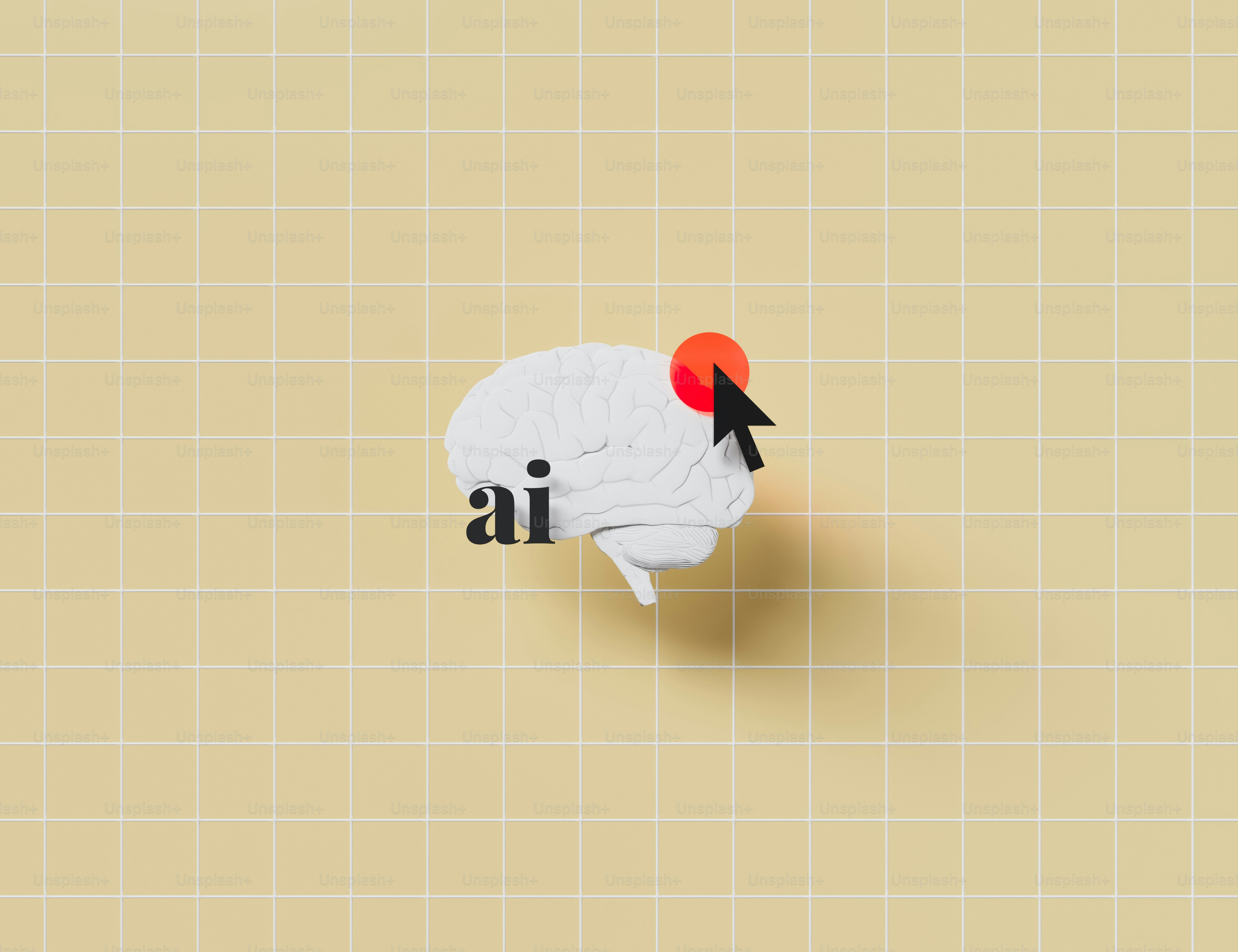 White brain with ai text and cursor on grid