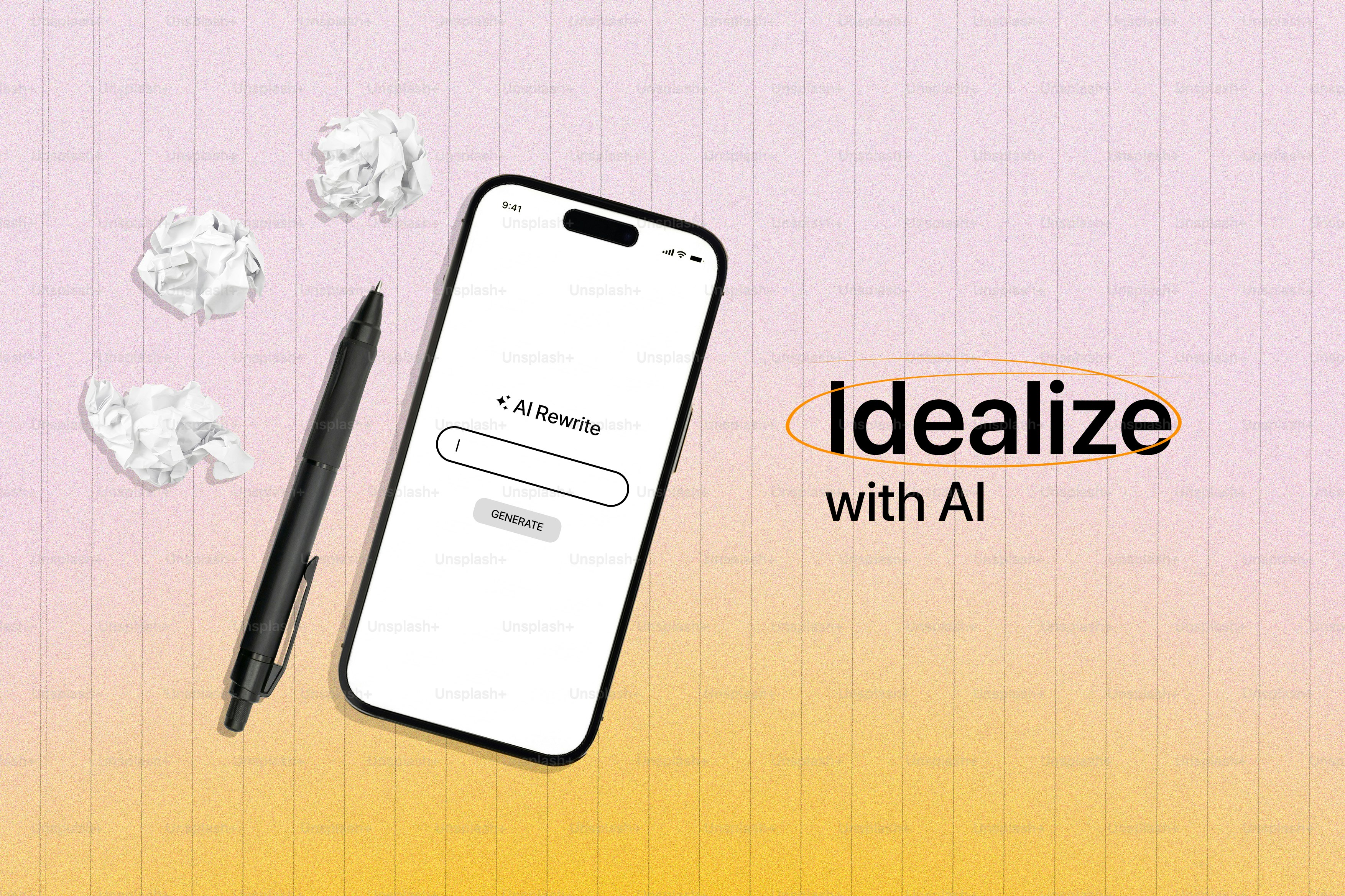 Smartphone avec papiers froissés et stylo sur fond dégradé.