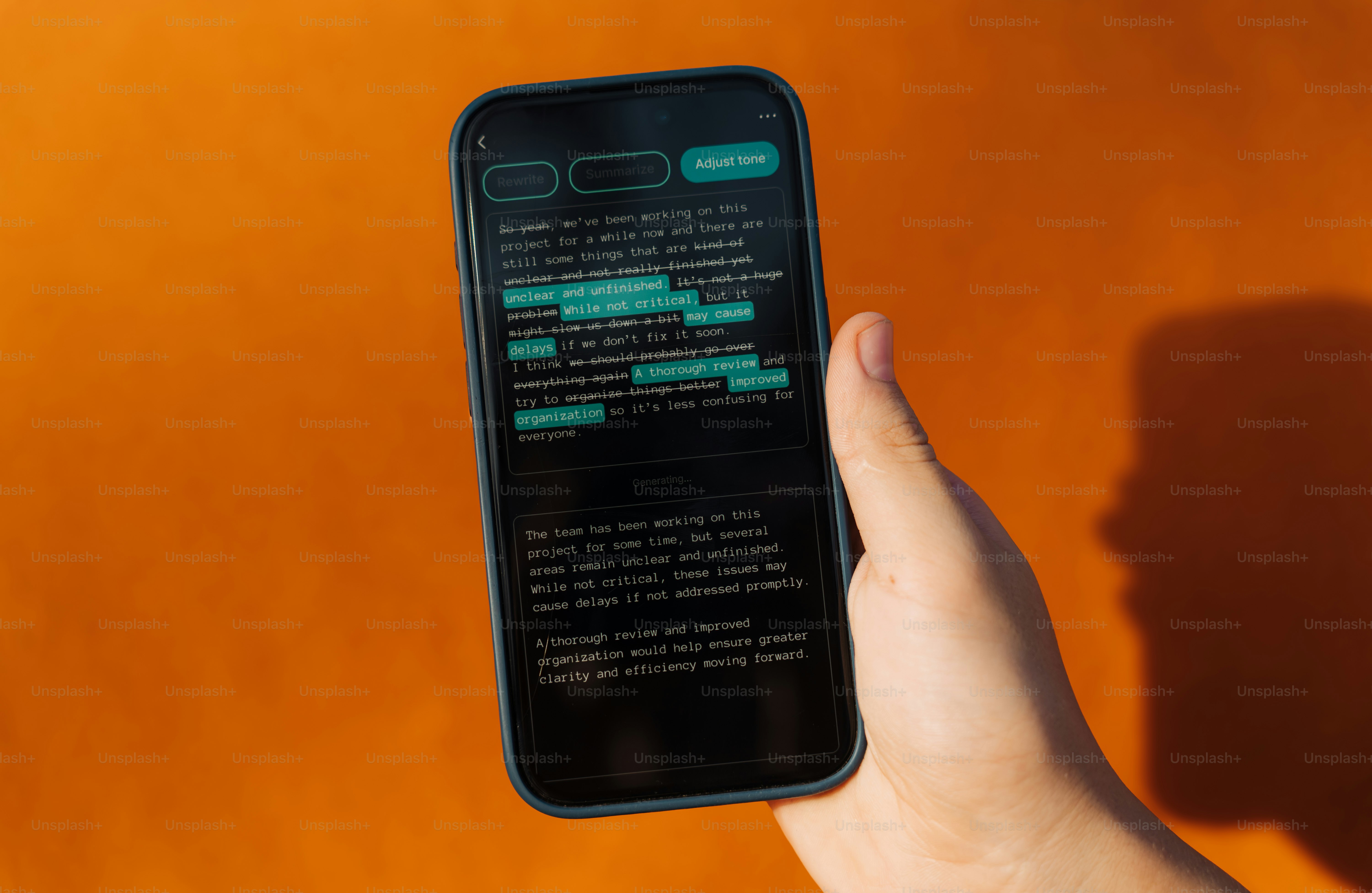 Handhaltendes Smartphone zeigt Text auf orangefarbenem Hintergrund an