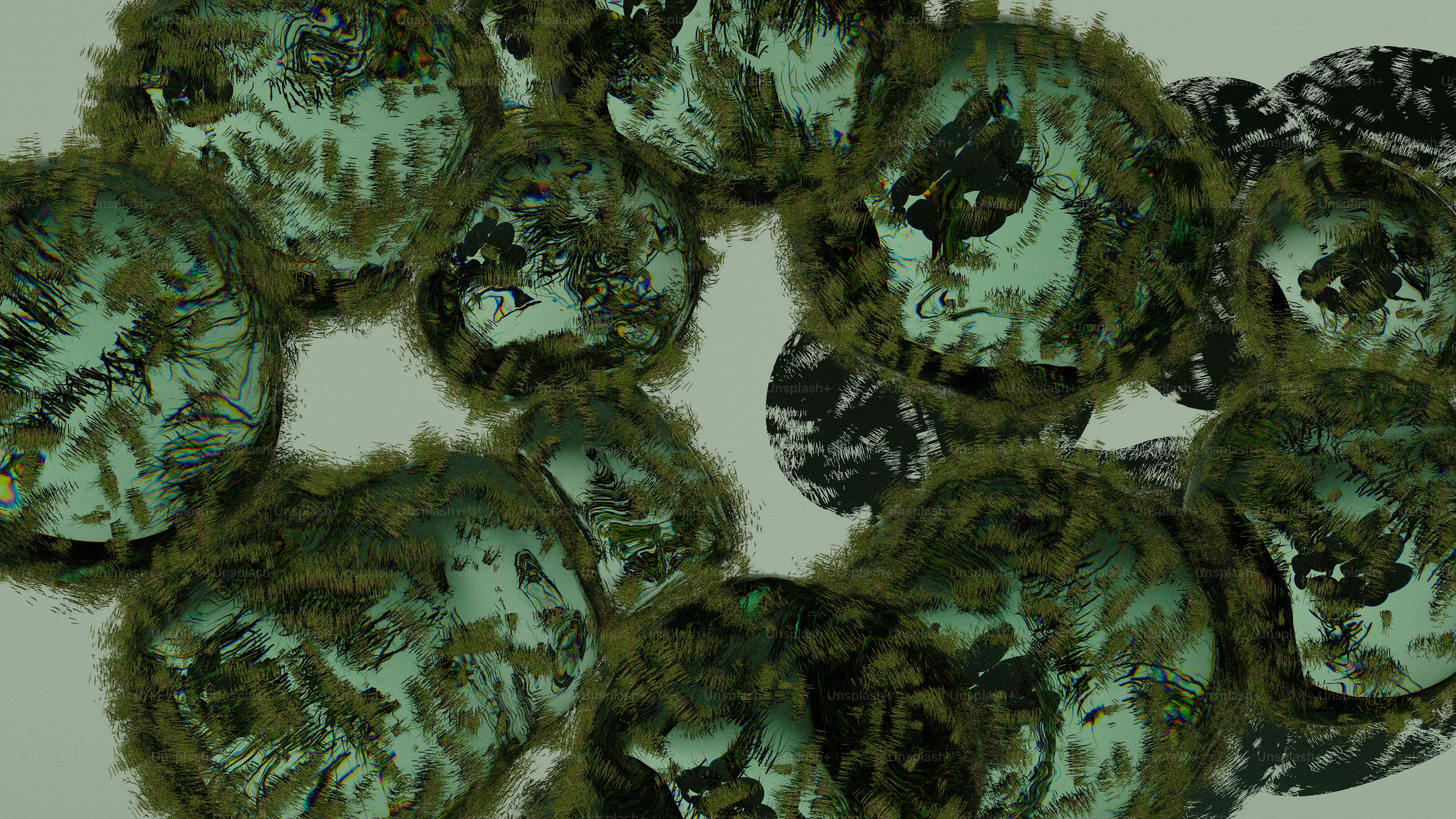 Formas orgánicas abstractas texturizadas verdes y grises formando un círculo