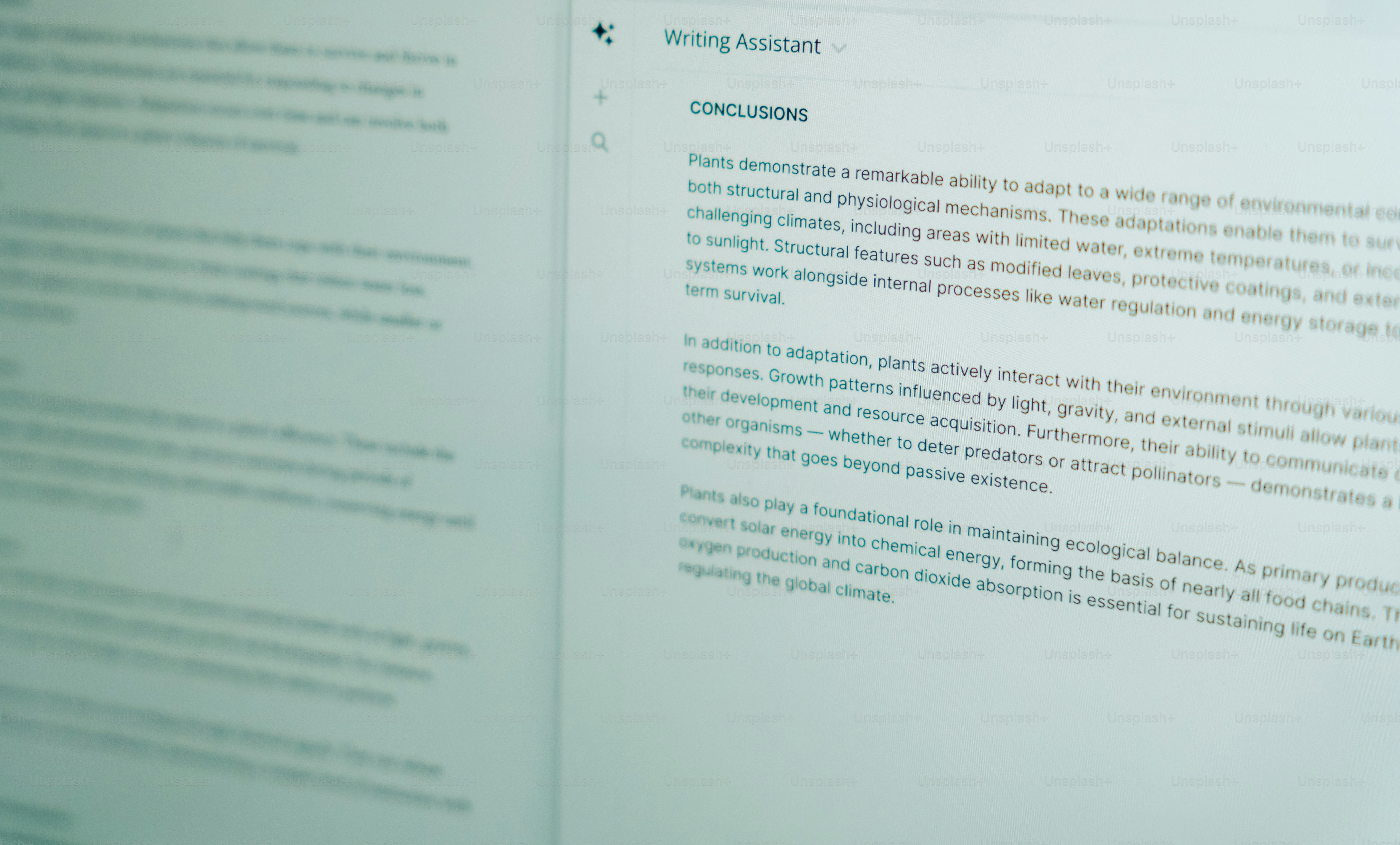 A computer screen displays text for a writing assistant
