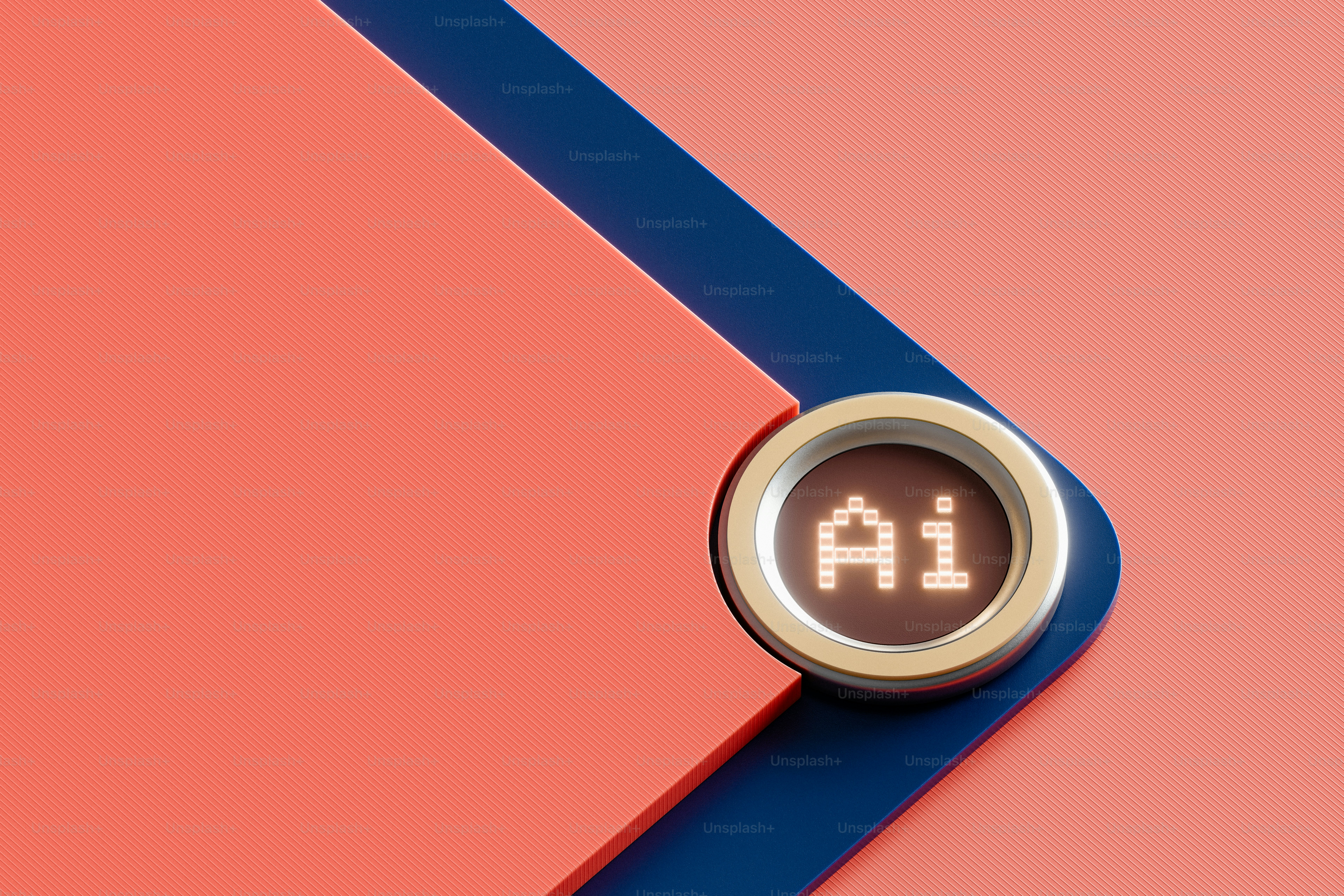 A metallic button with ai text on a pink background