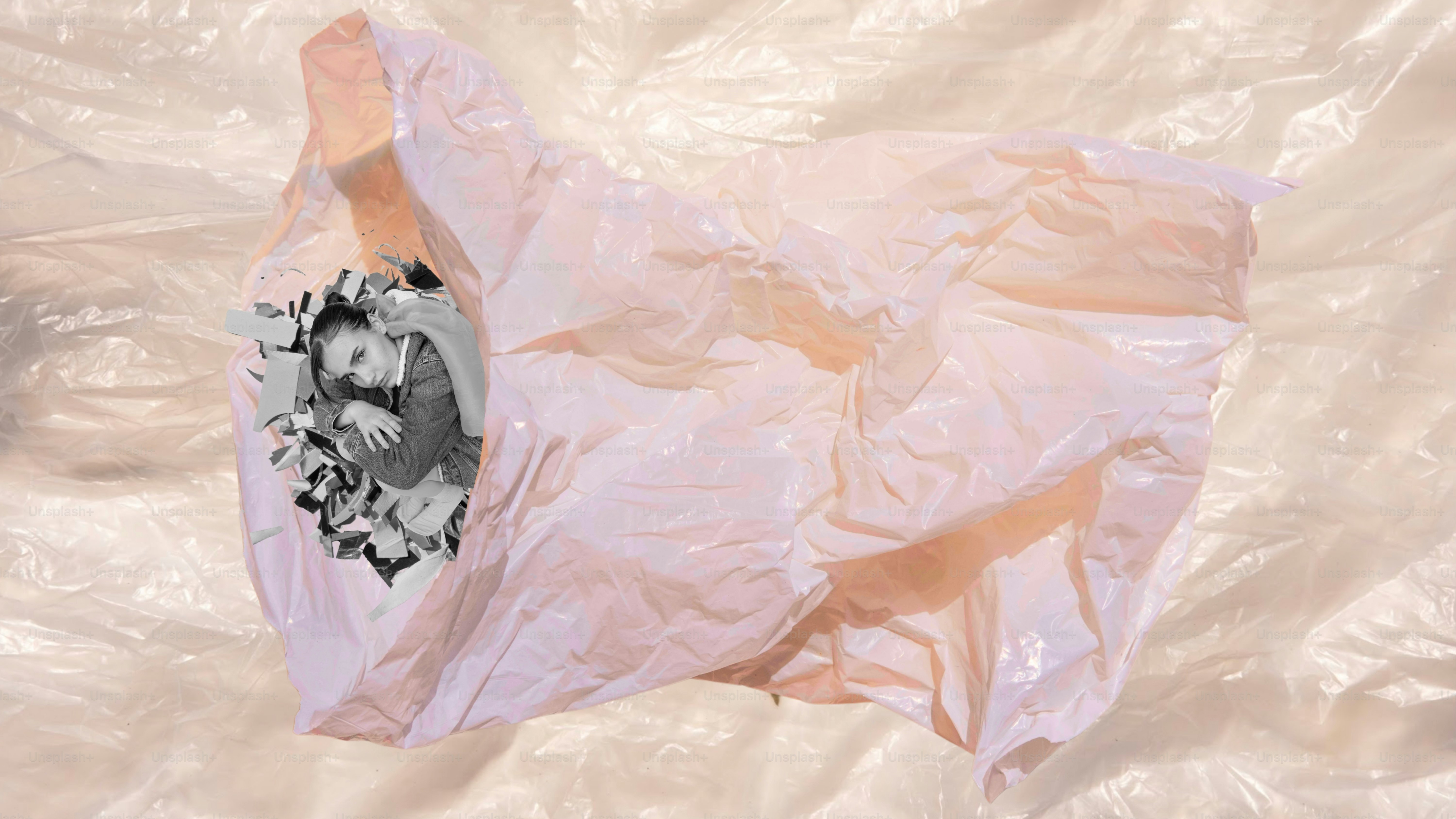 Un sac plastique rose froissé avec une photo à l’intérieur.