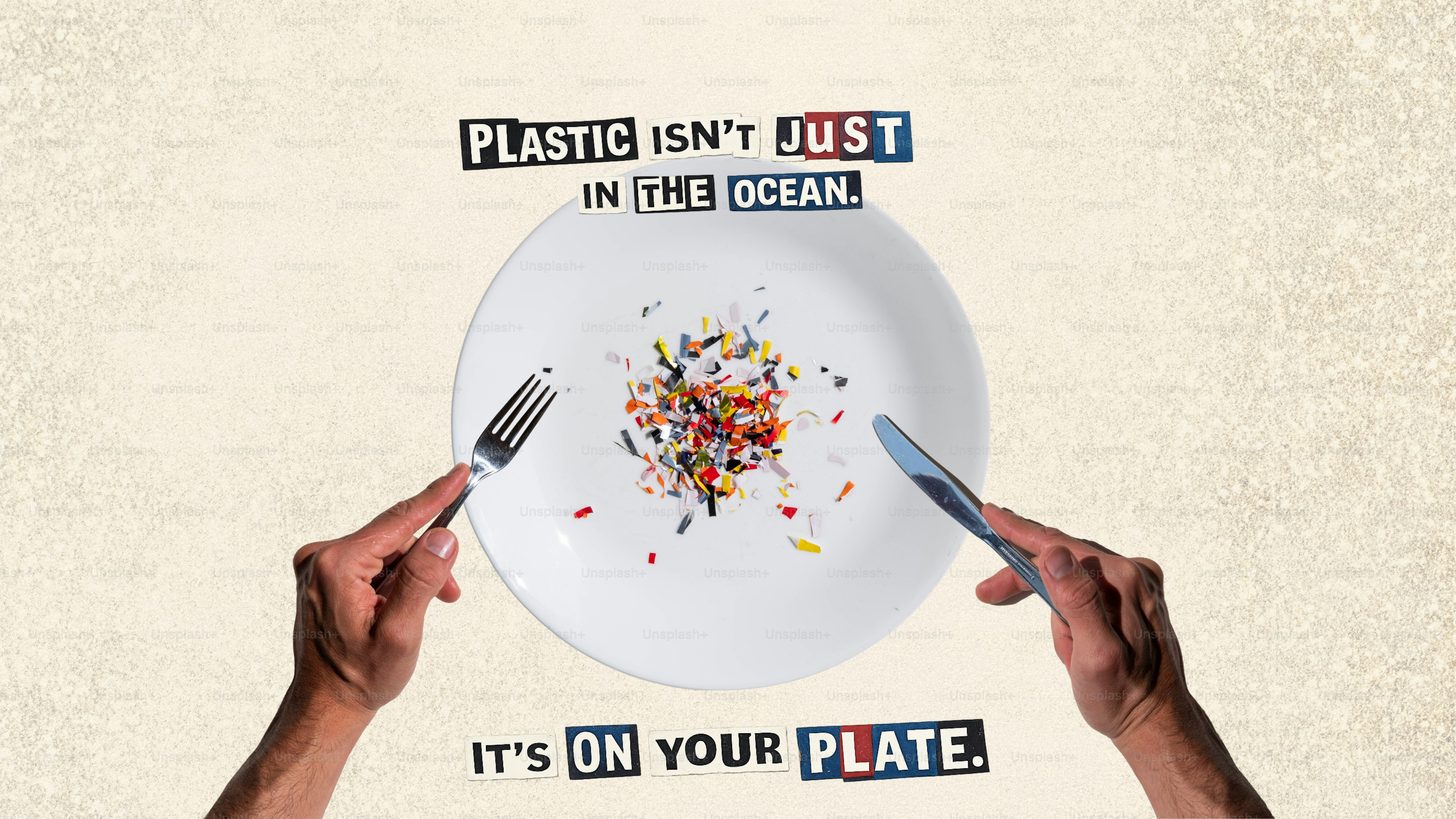 Plastic debris on a plate with hands holding cutlery.