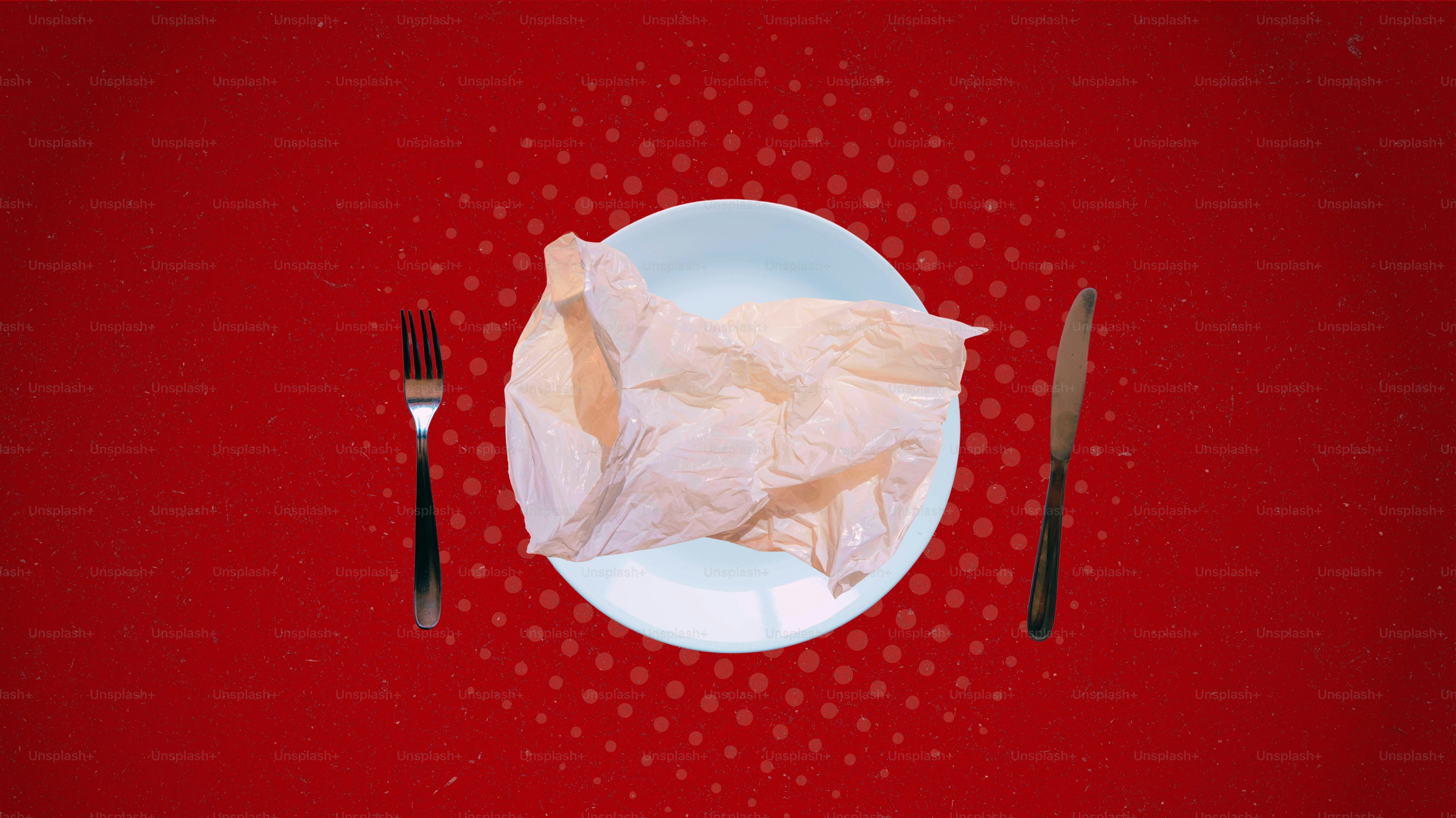 Une serviette froissée sur une assiette avec des couverts.