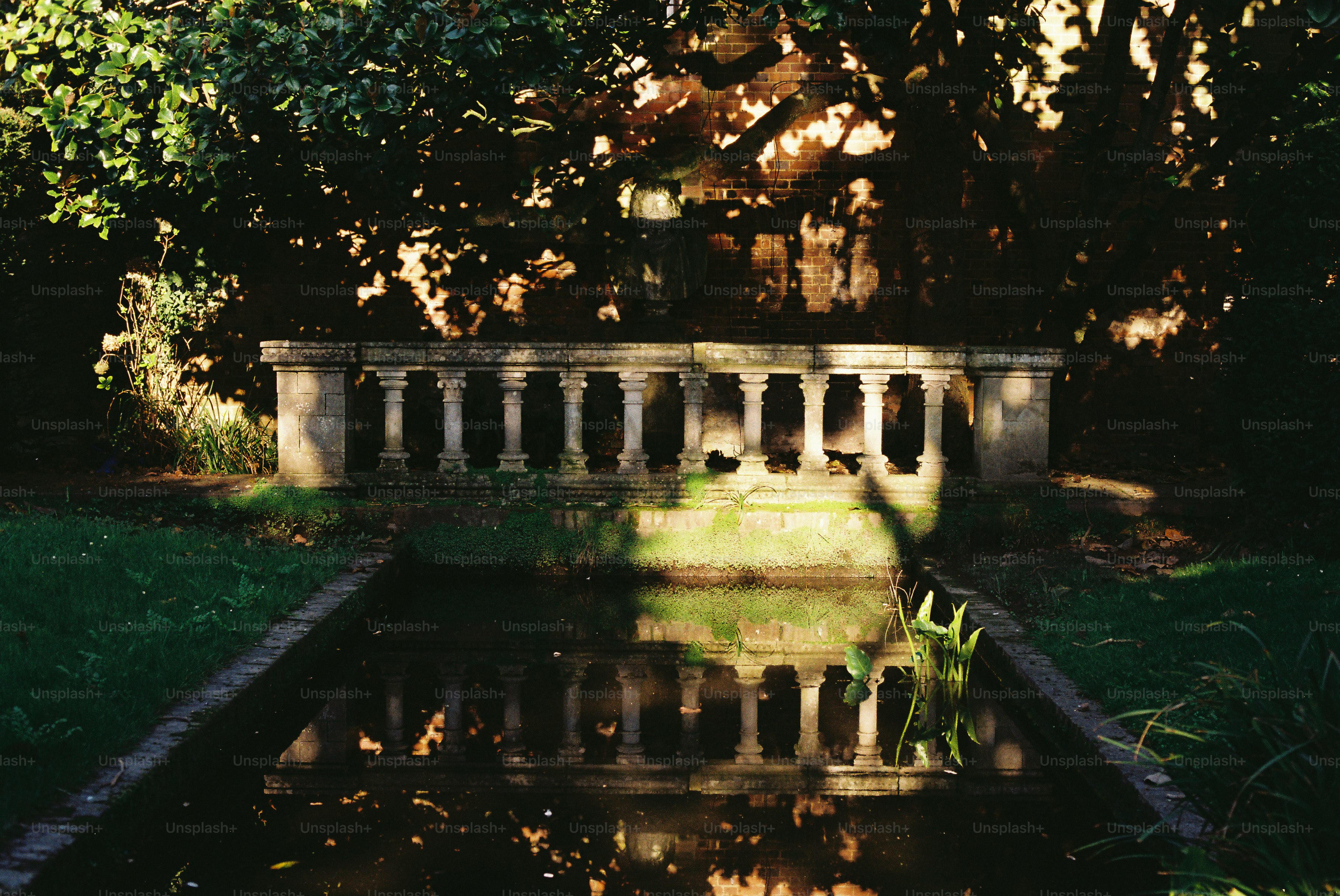 Stone balustrade reflected in a still pond