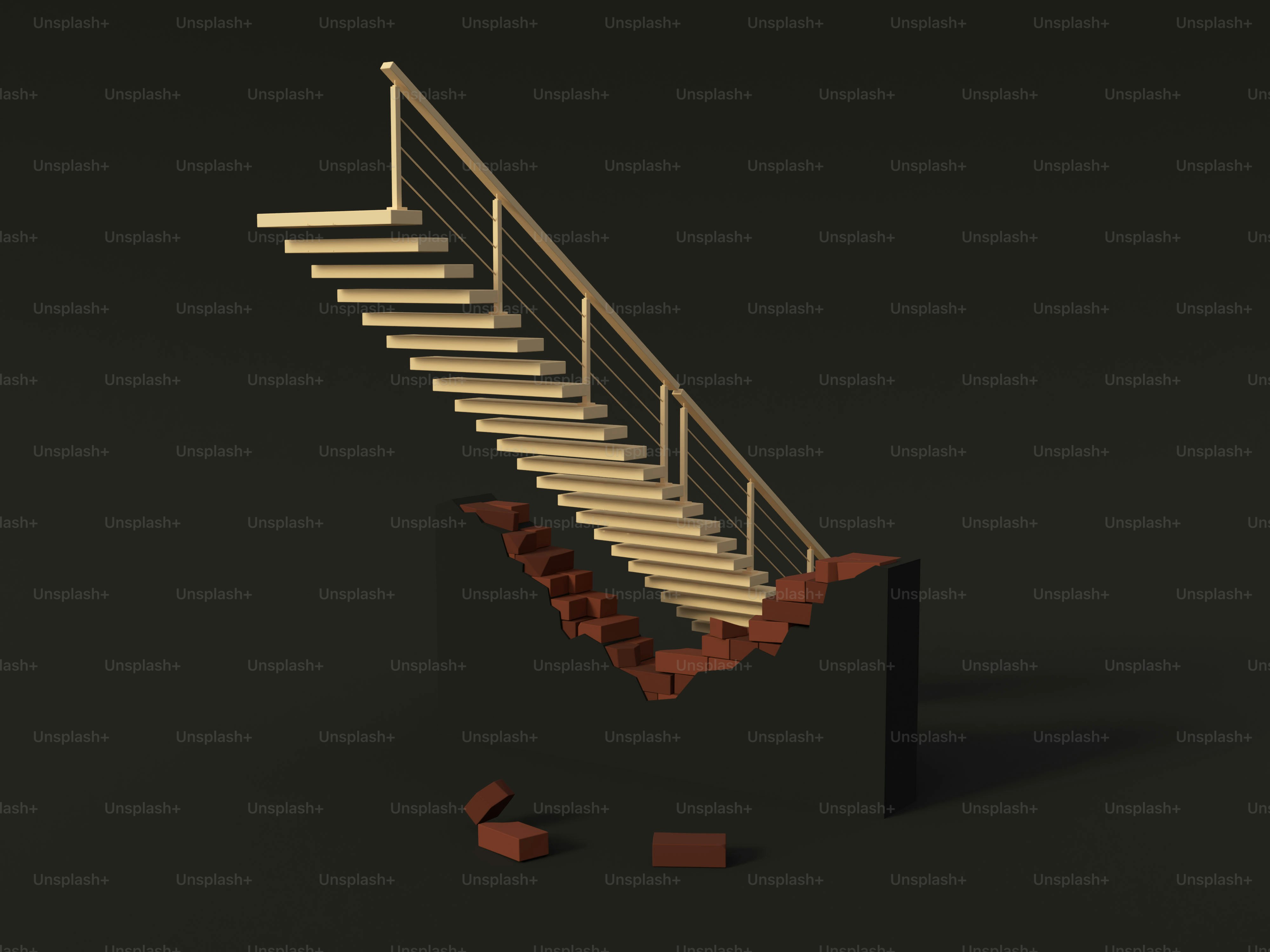 계단이 빠진 부서진 계단과 흩어진 벽돌들