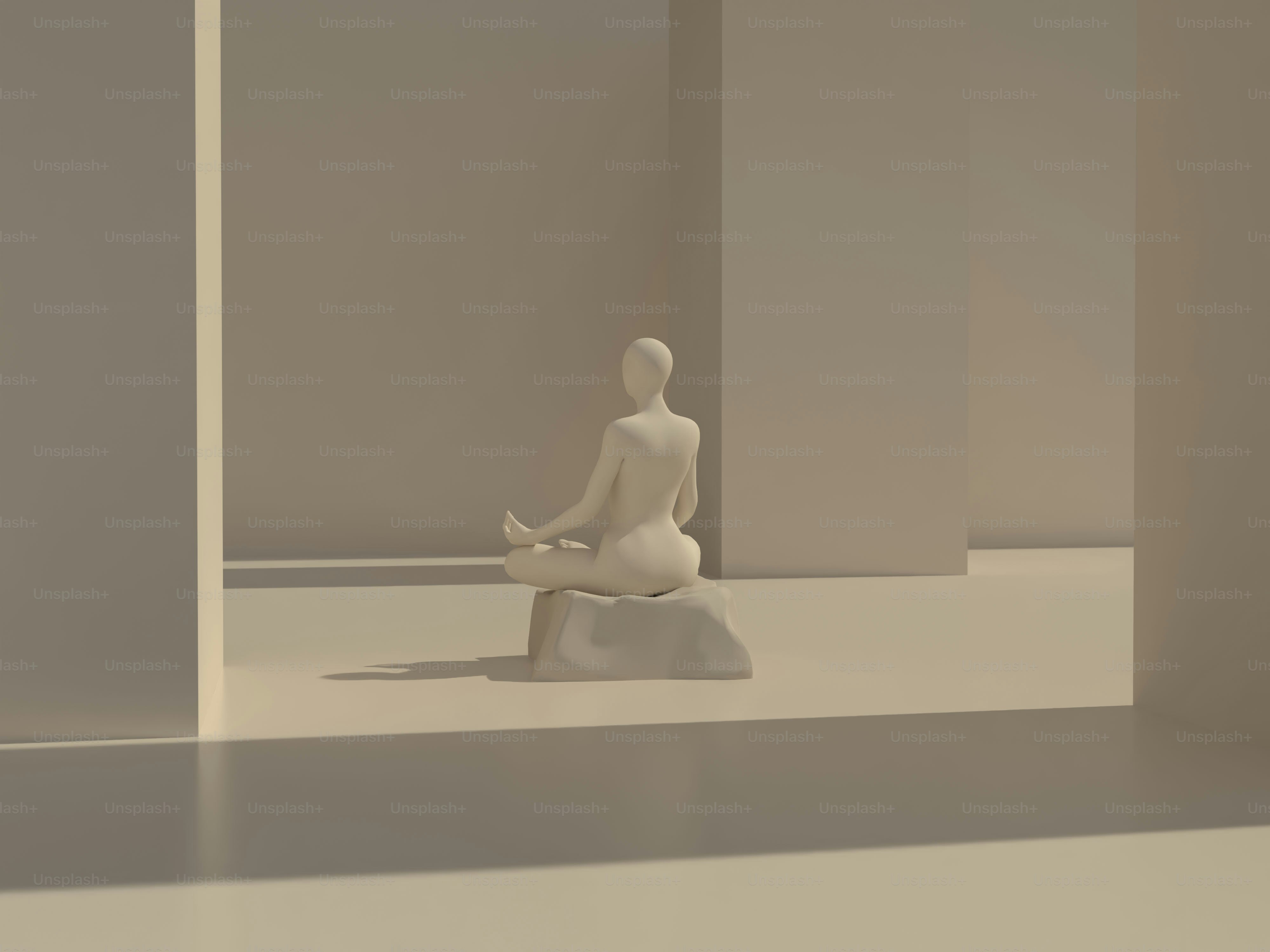 Une statue d’une personne méditant dans un espace minimaliste.