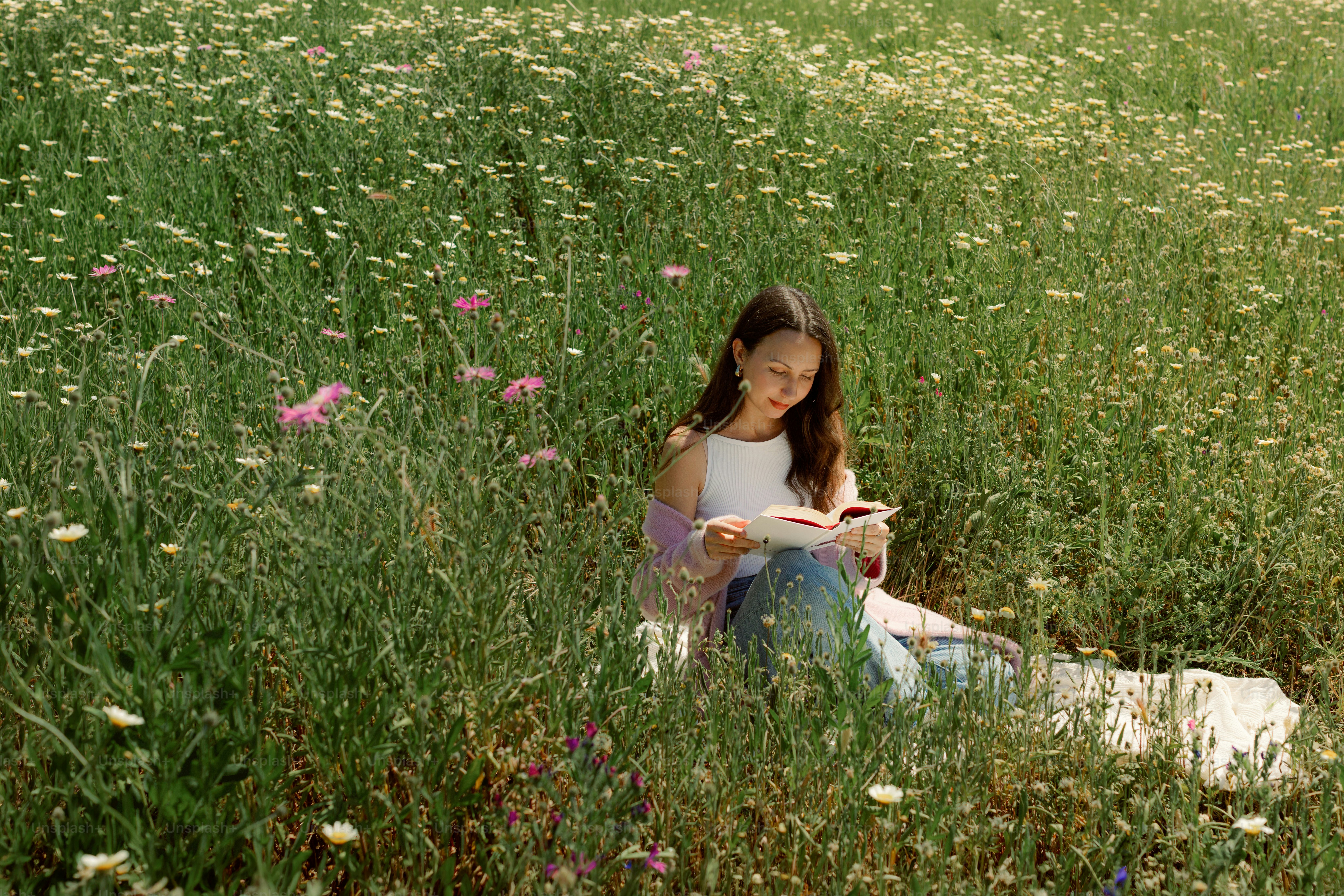 Une jeune femme lisant un livre dans un champ.