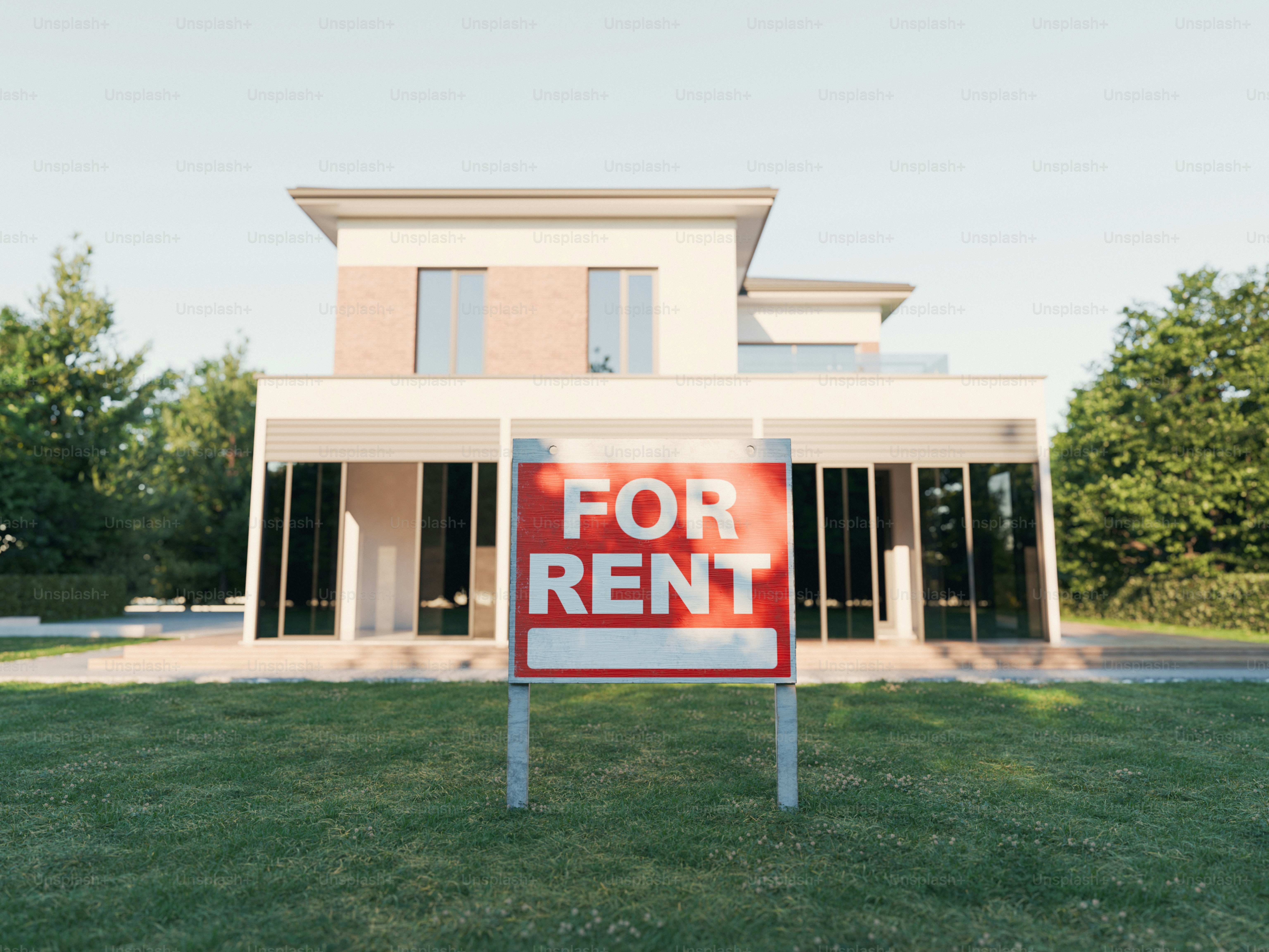 Rumah modern dengan tanda "disewa"