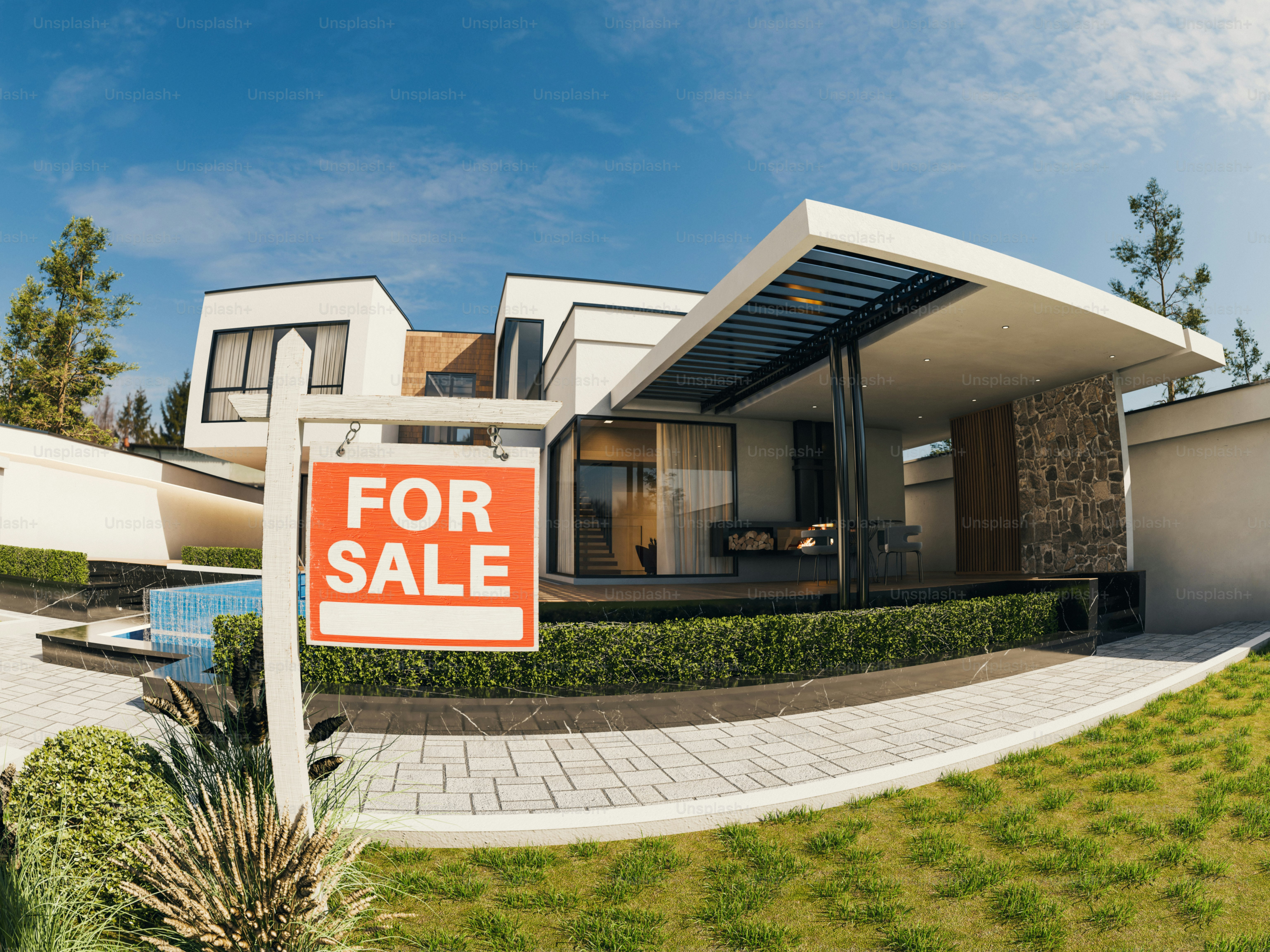 Rumah modern dengan tanda "untuk dijual"