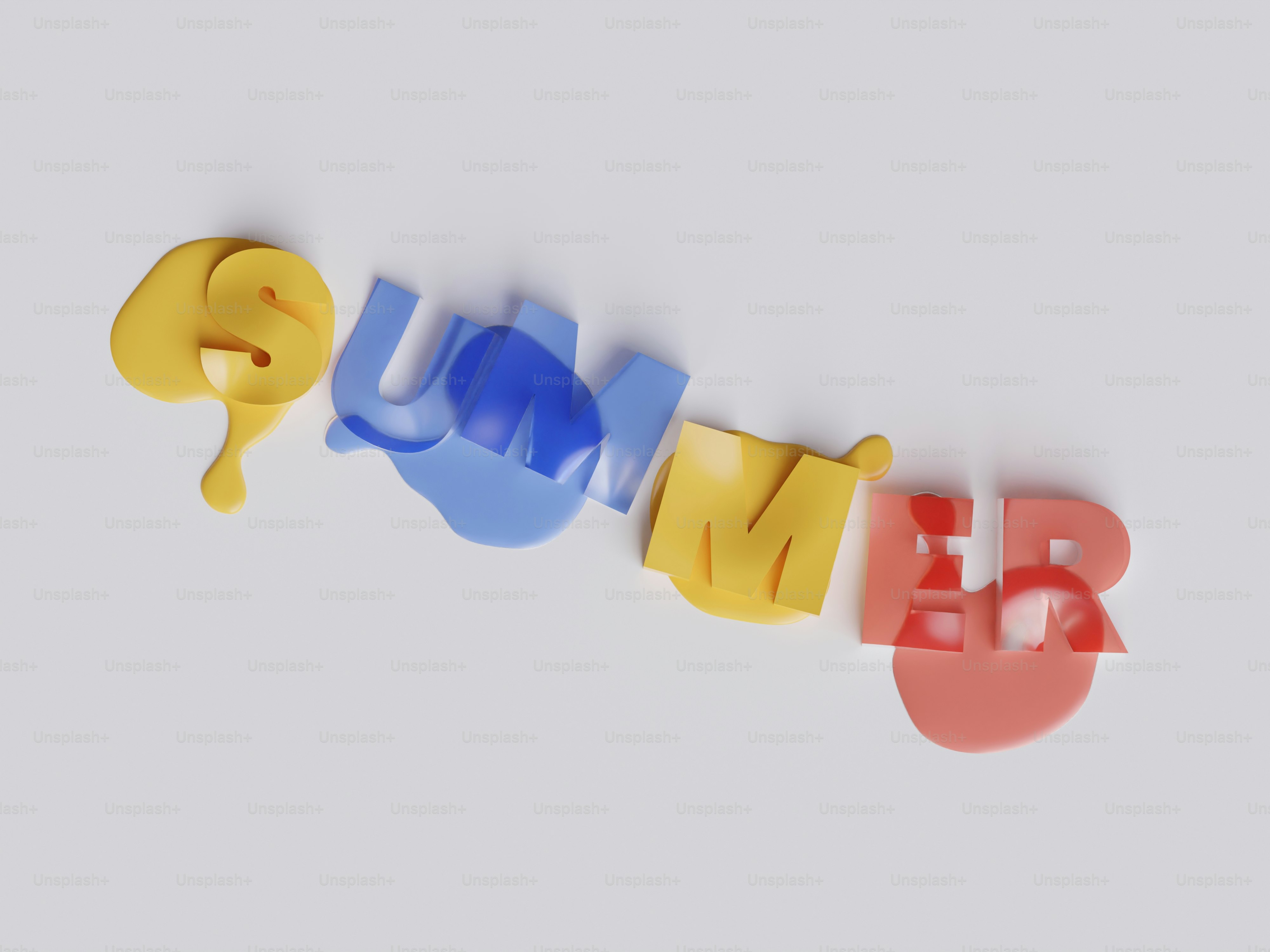 Letras 3D coloridas que deletrean "summer" sobre fondo blanco"