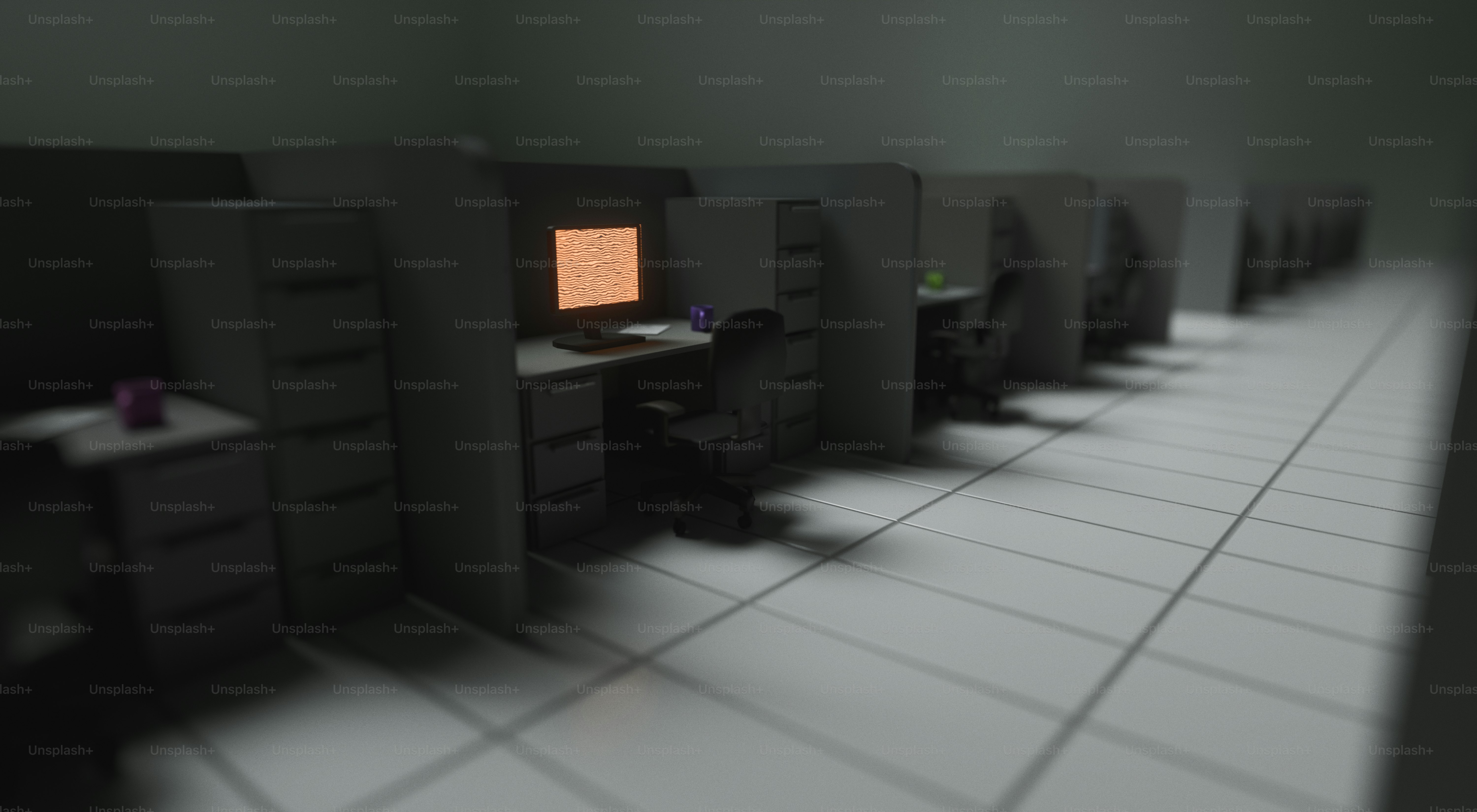 Row of empty office cubicles with computers photo – Abstract Image on ...