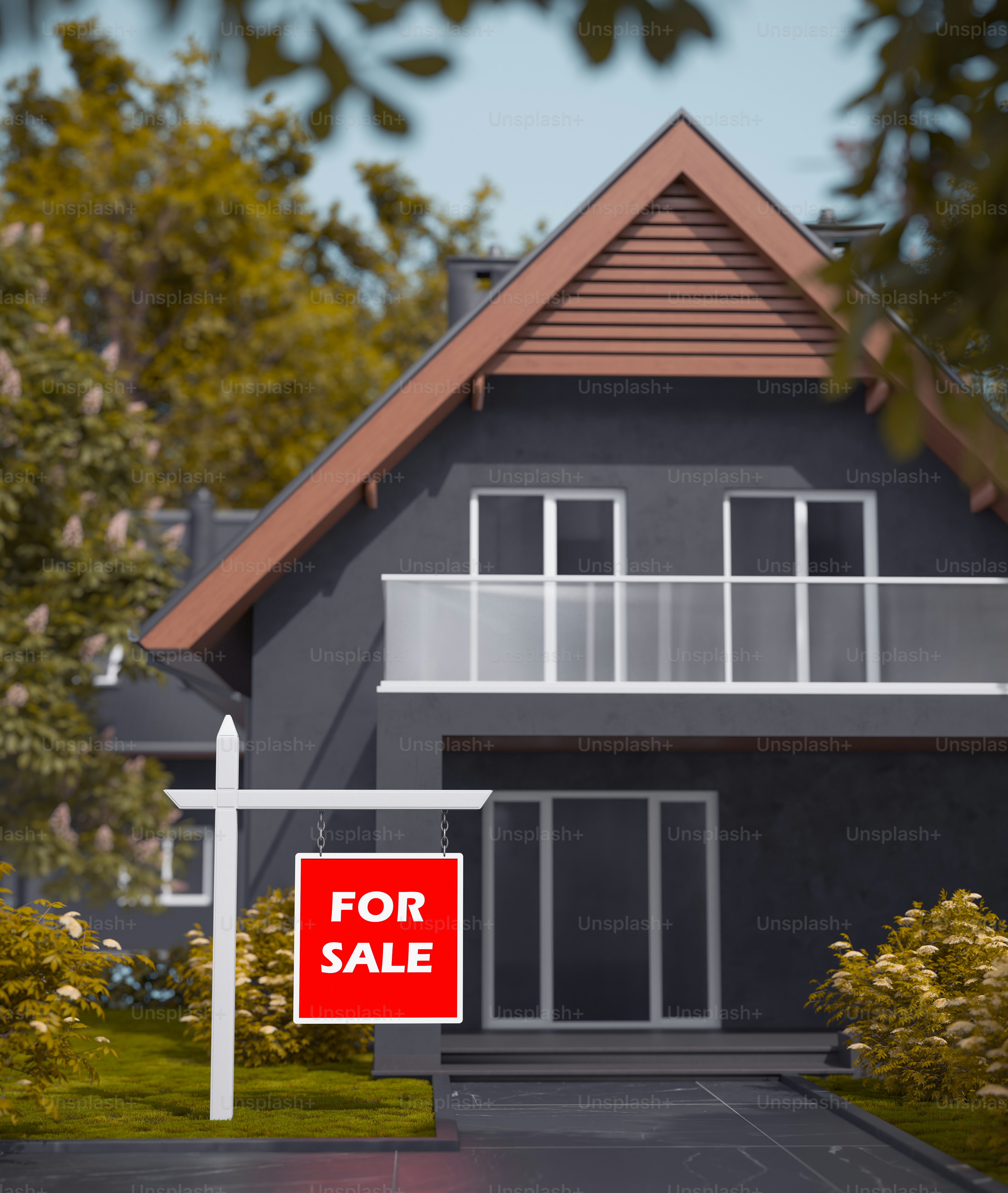 "매물" 표지판이 붙은 현대식 주택