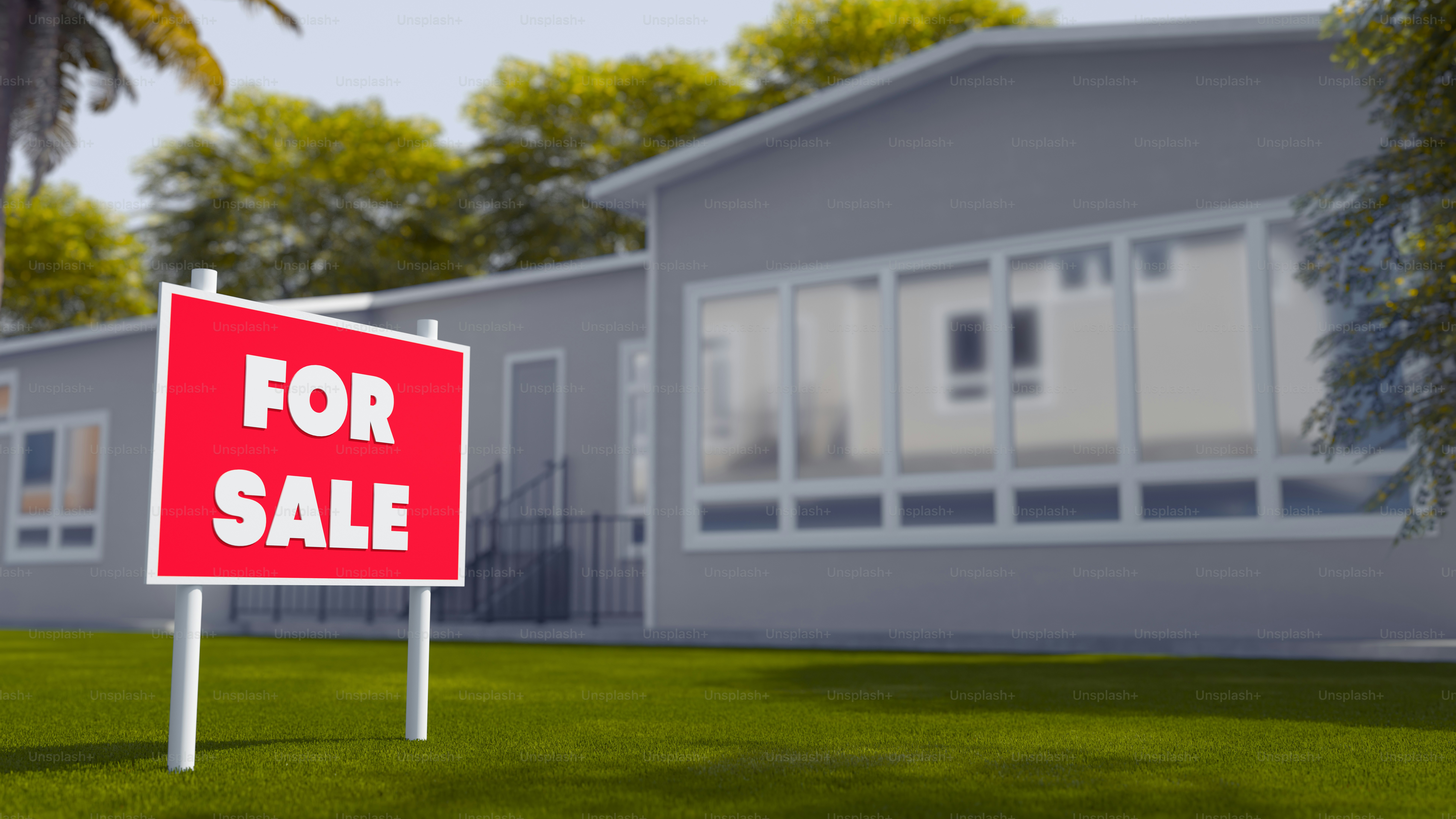 "매물" 표지판이 붙은 현대적인 집.