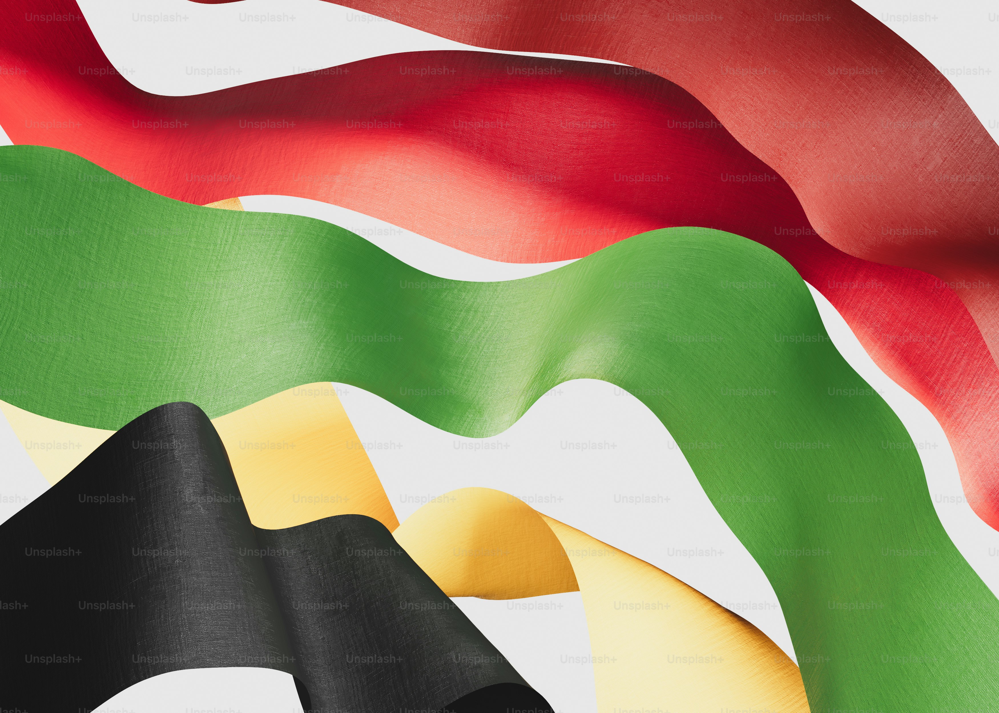 Abstract wavy ribbons in red, green, yellow, and black