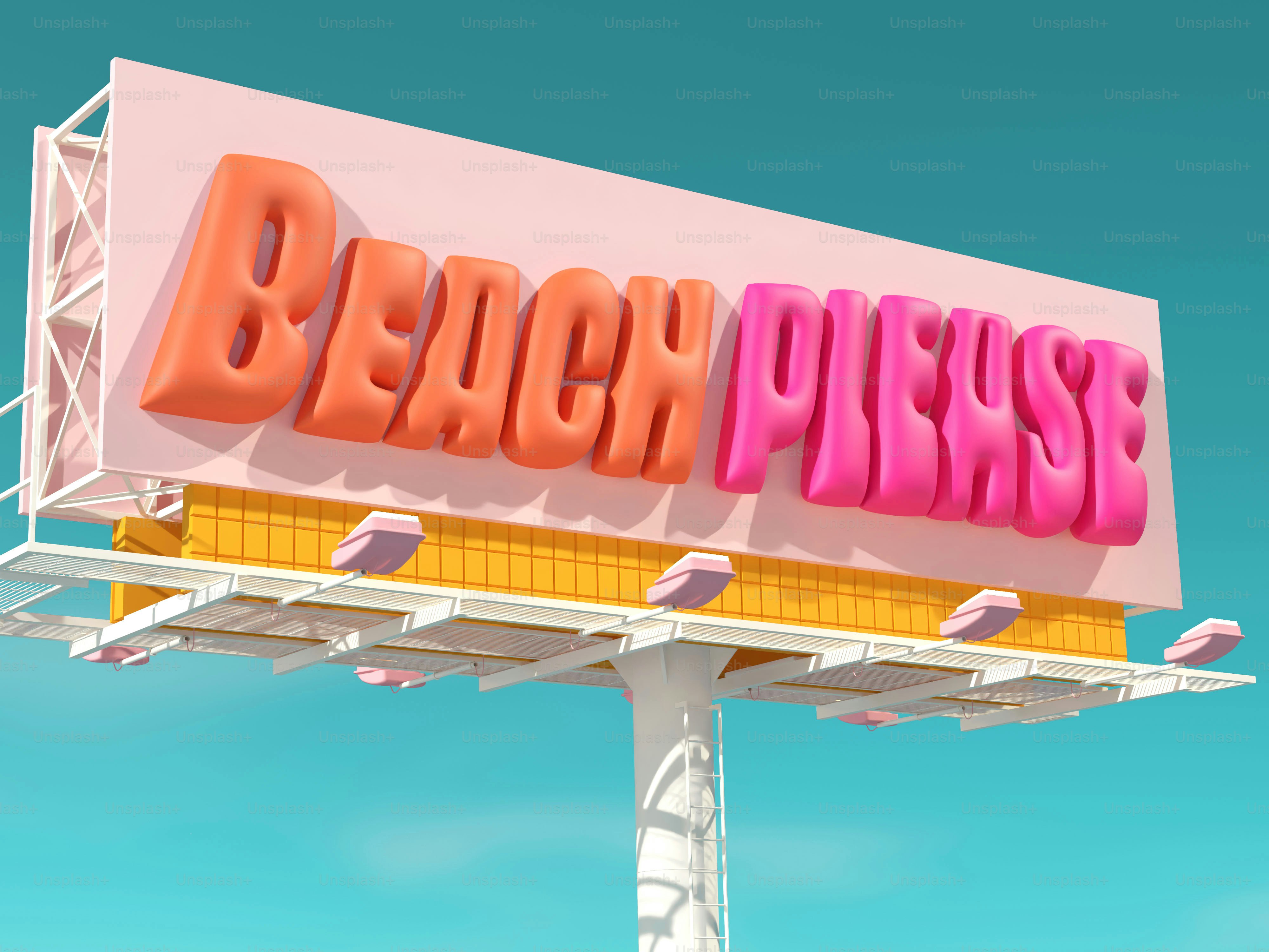 Billboard with "beach please" text against blue sky