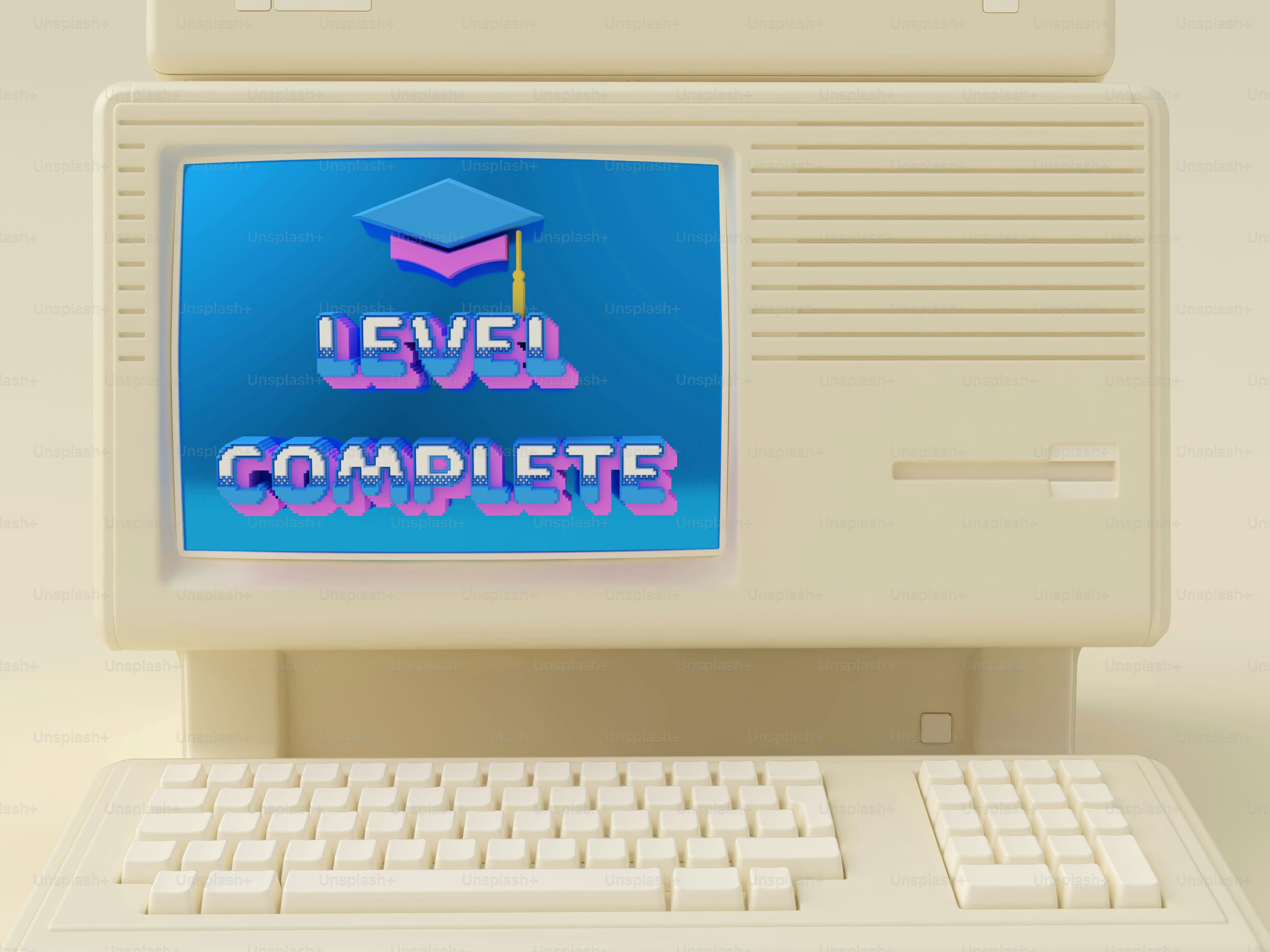 Layar komputer vintage menunjukkan "level selesai" dan batas kelulusan.