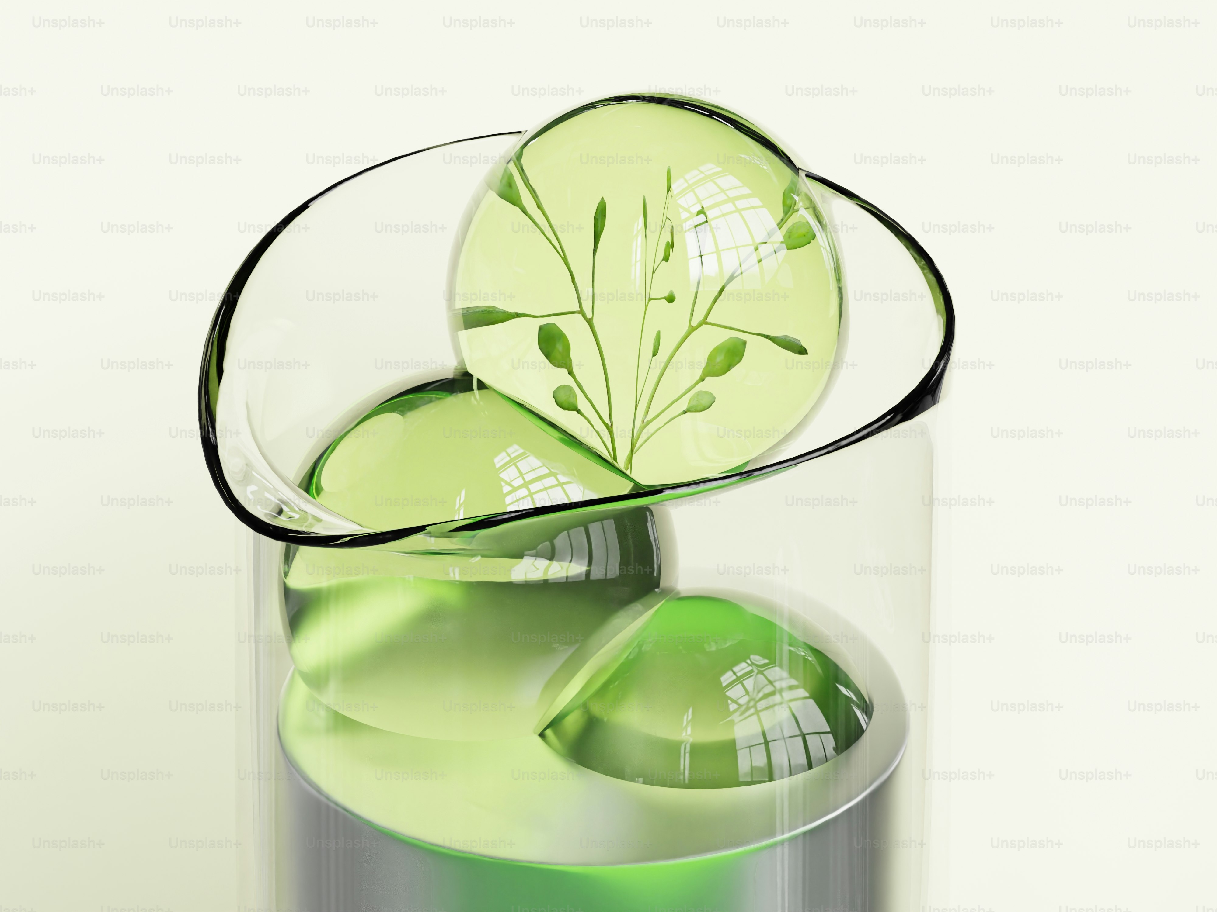 ビーカーの中の植物のような形の緑色の液体