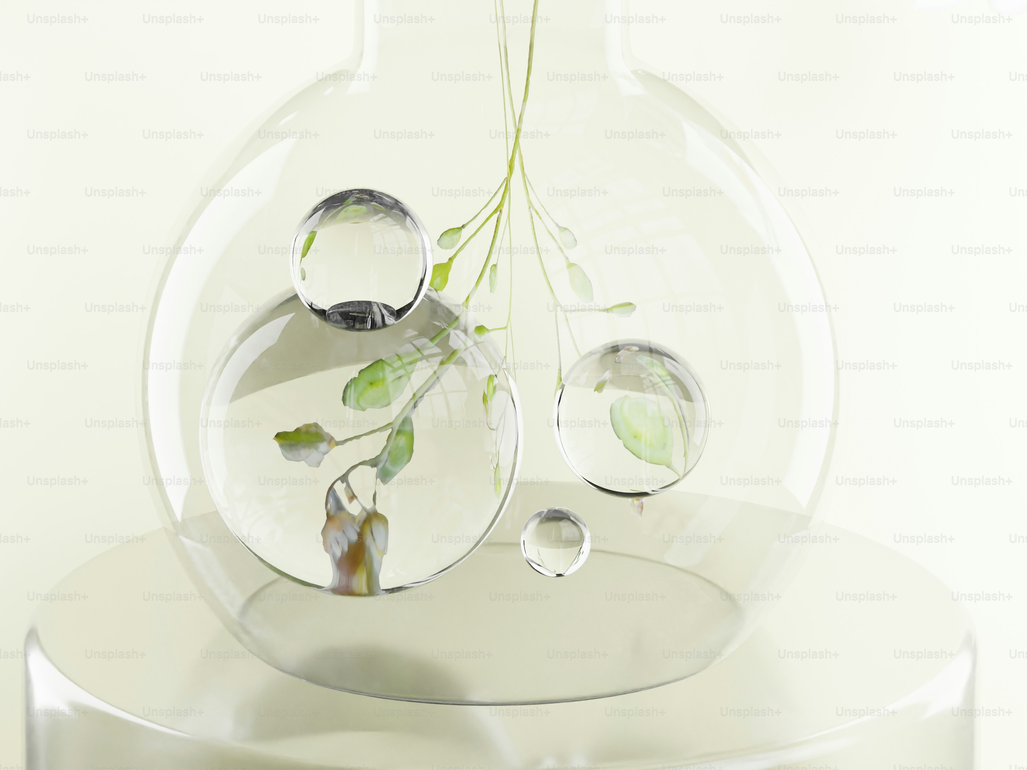 水滴がついたガラスフラスコの中の植物の枝。