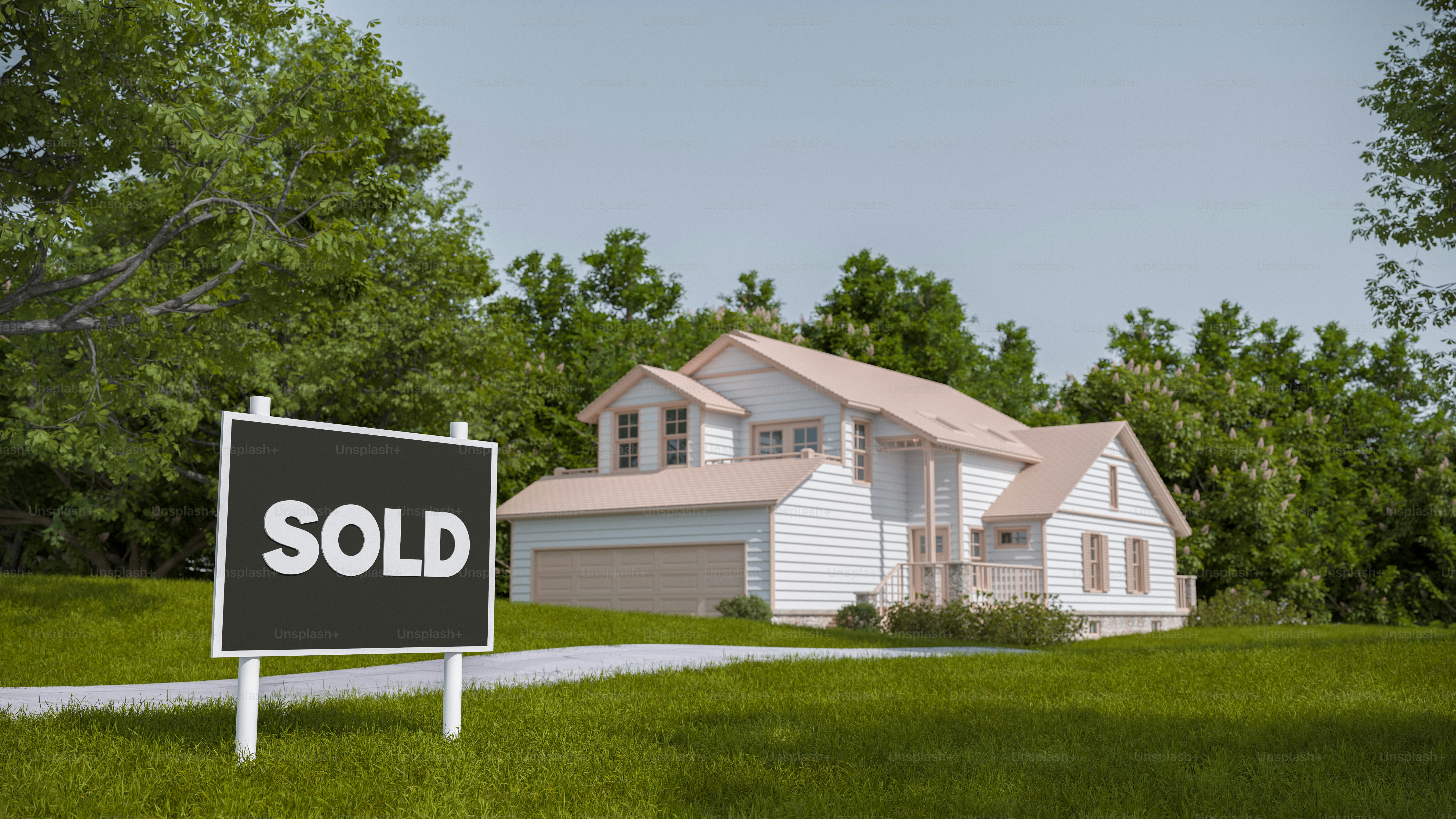 판매 간판이 앞에 있는 하얀 집.