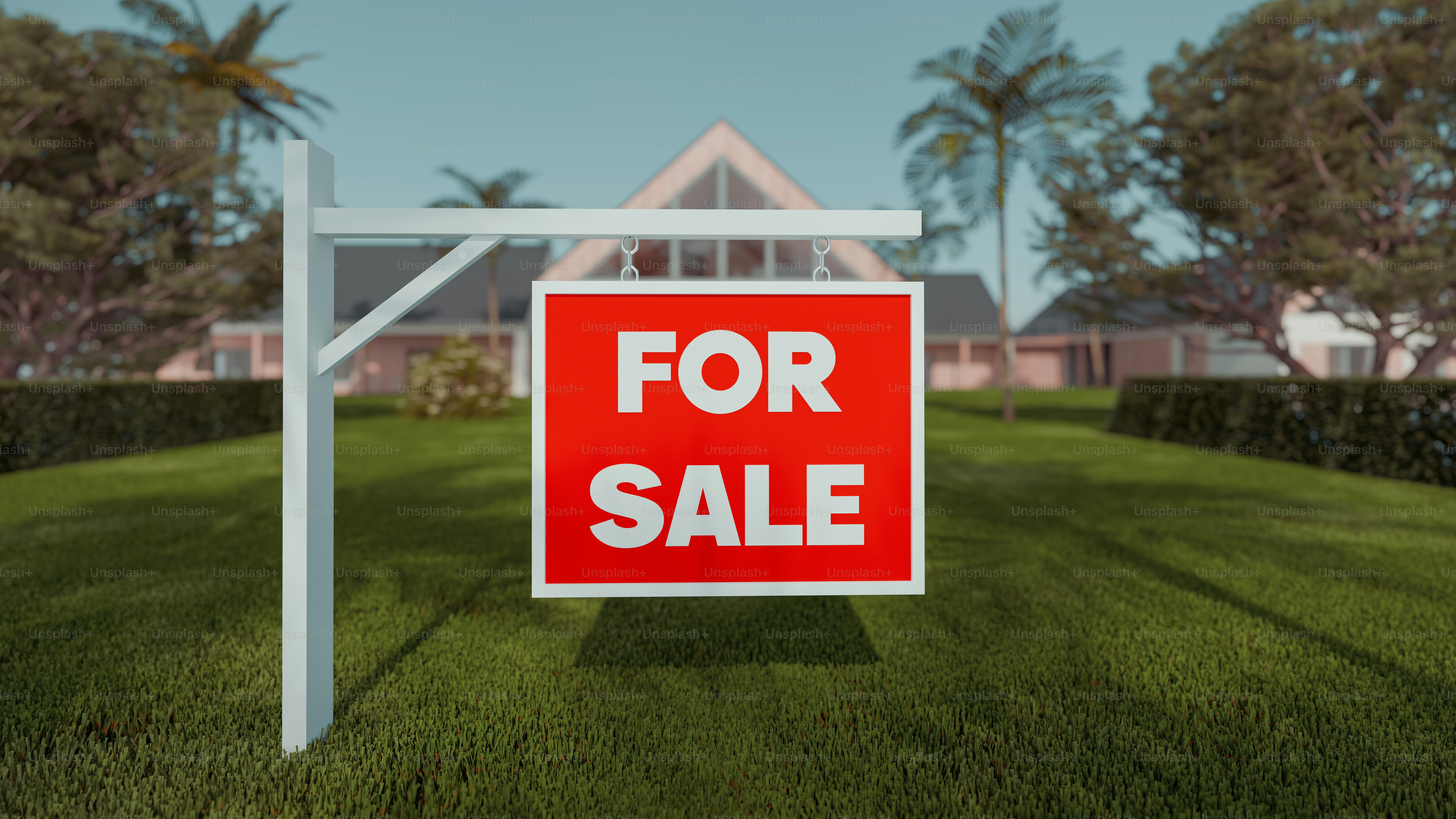 집 앞에 빨간 '매물' 표지판이 붙어 있어요.