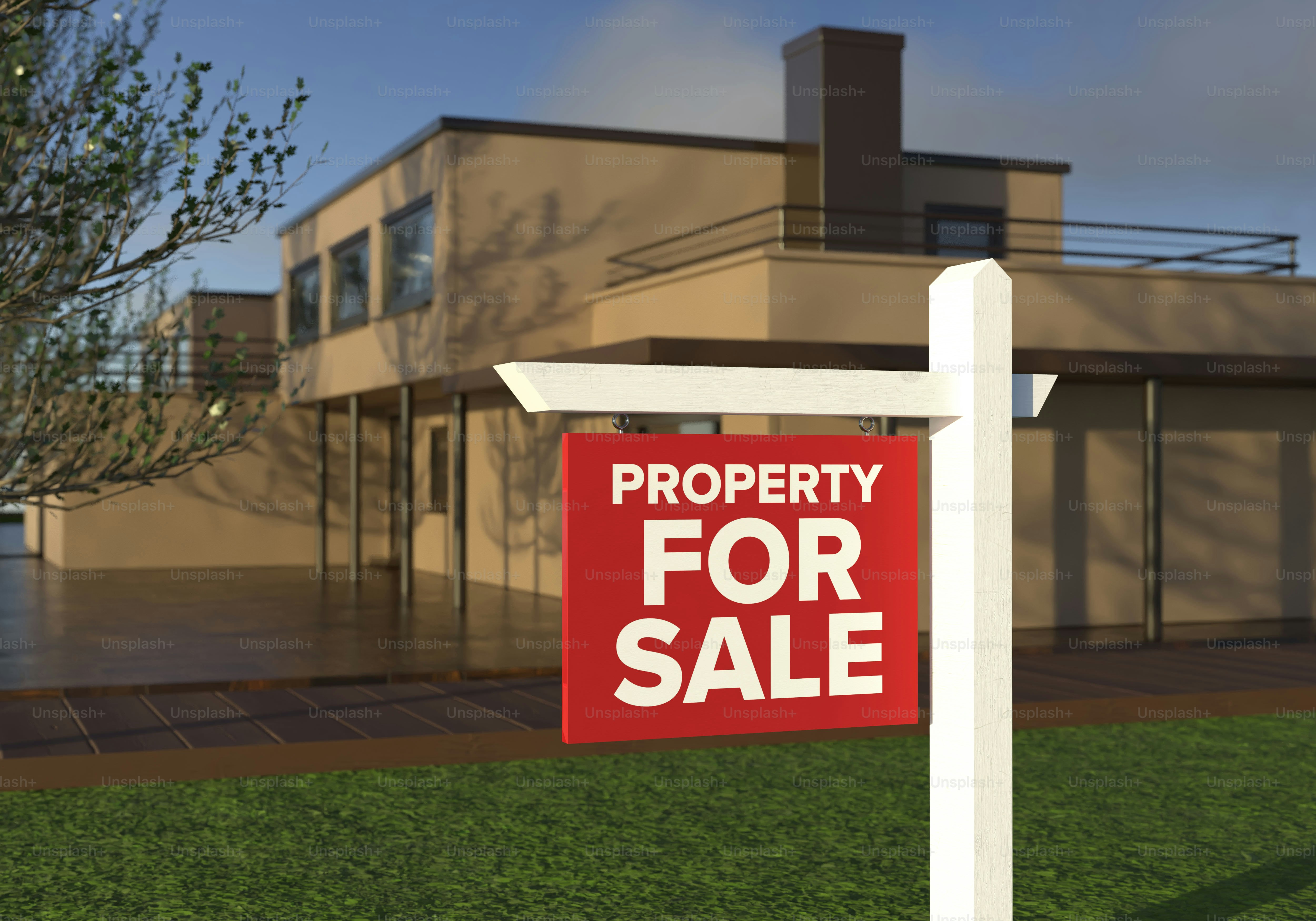 Modern house with 'for sale' sign in front yard.