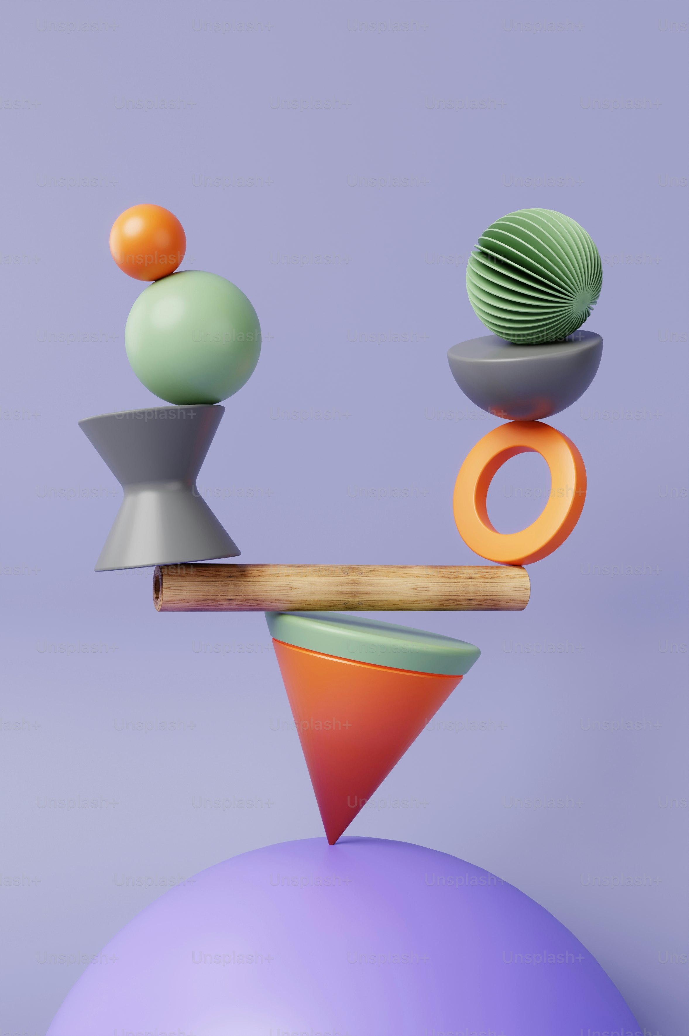 Abstract geometric shapes balanced precariously on a beam