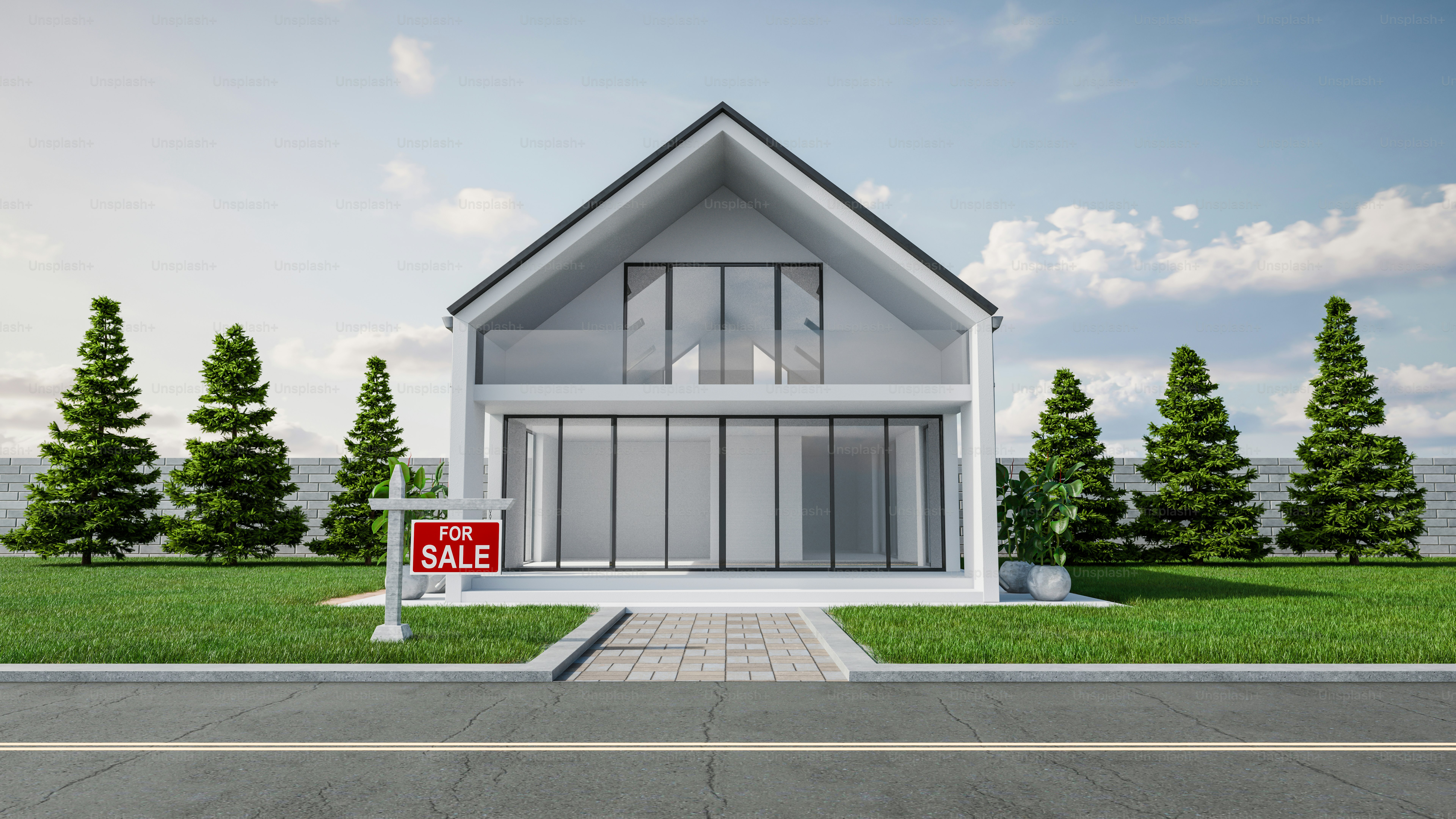 Casa moderna con un cartel de 