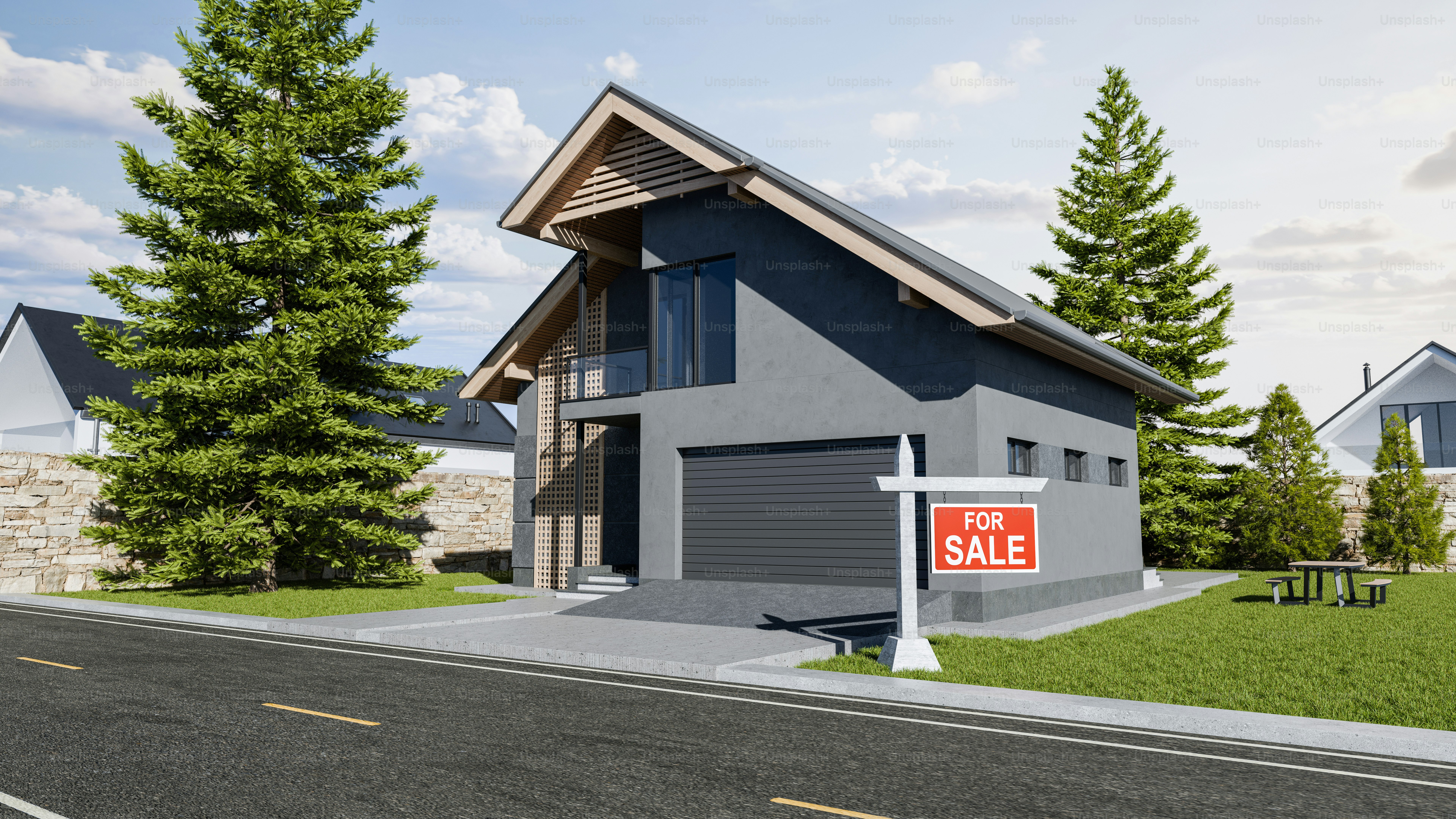 Modern house with a "for sale" sign in front