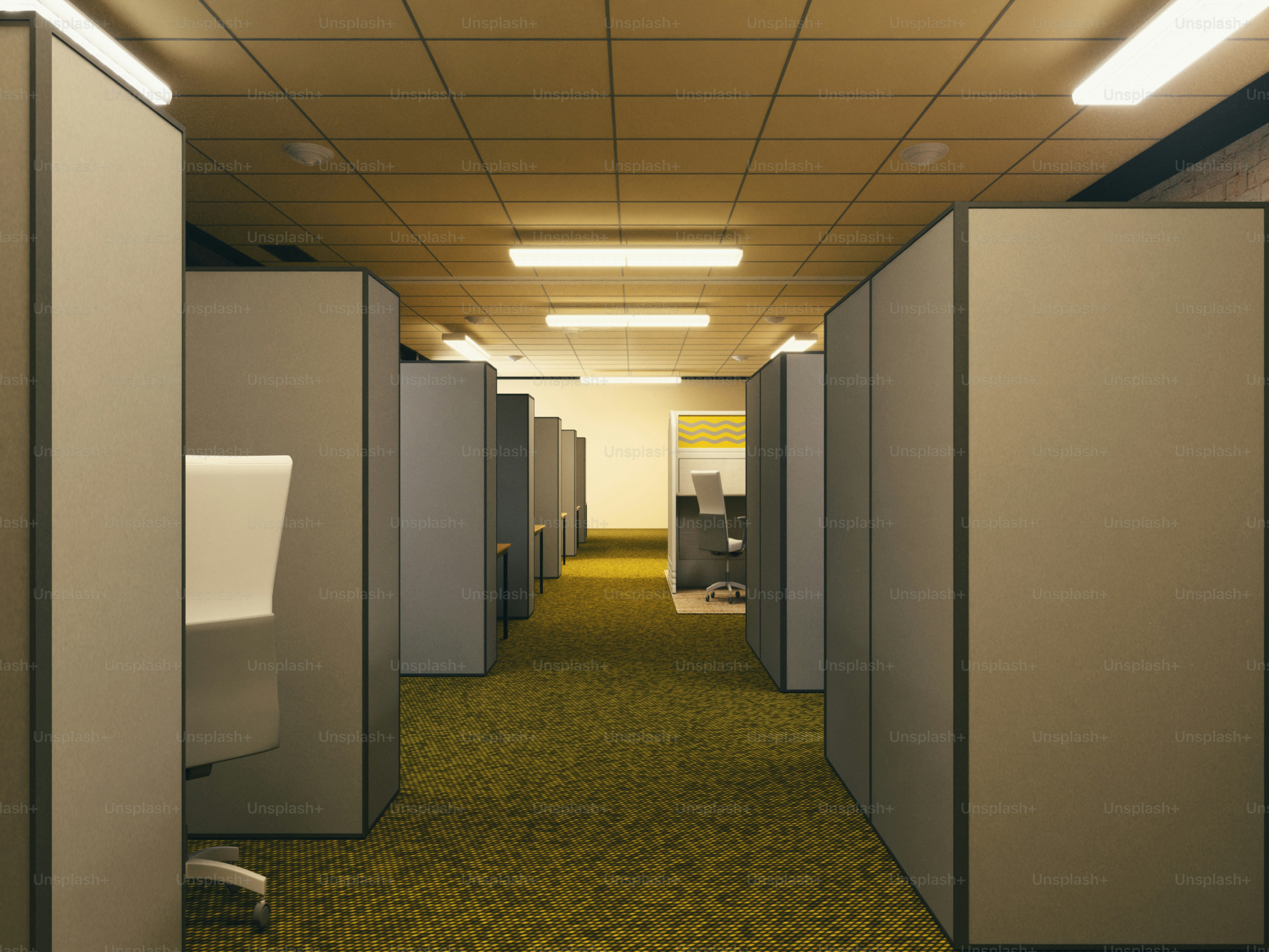Bilik kantor kosong dengan karpet kuning dan lampu neon