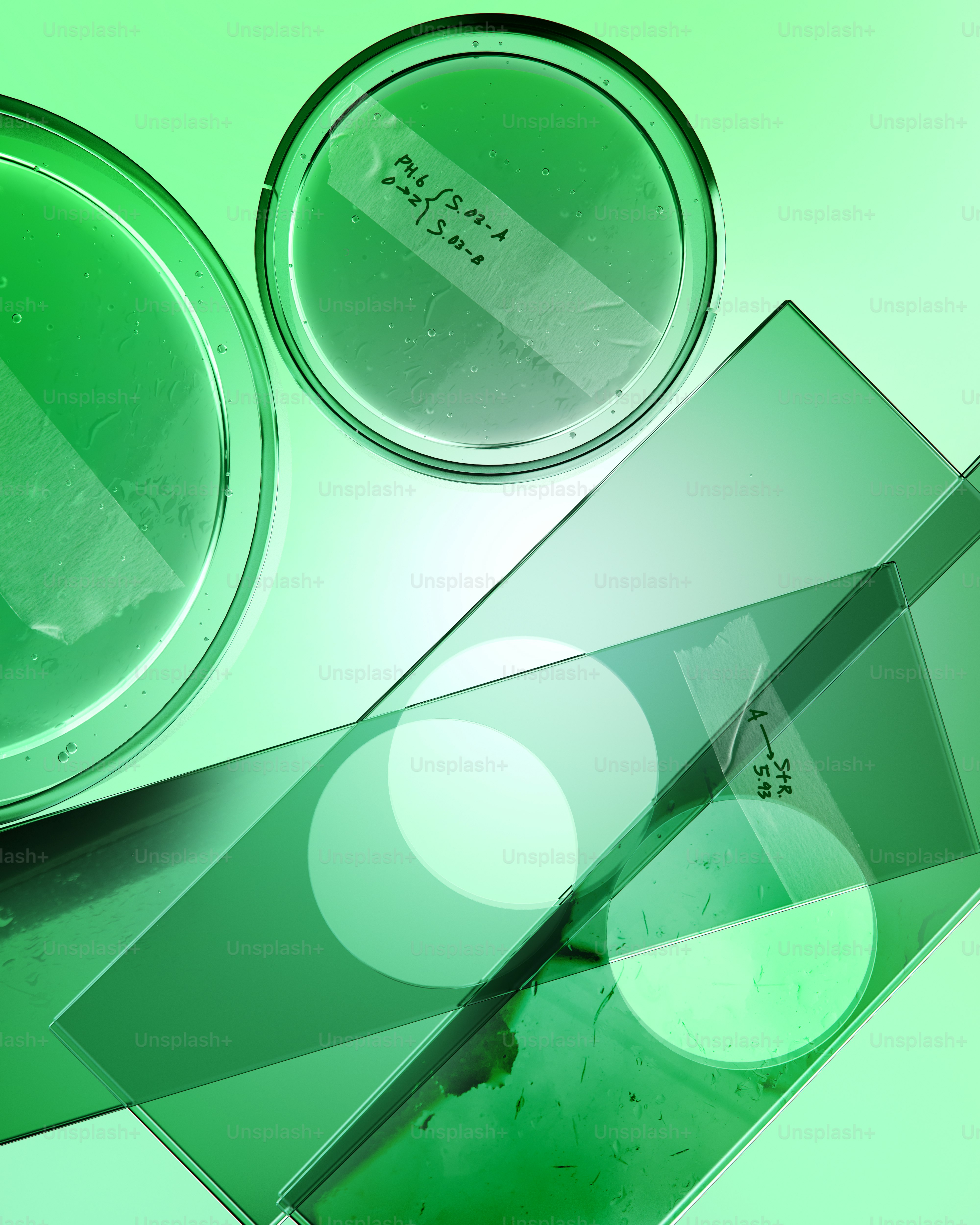 Petri dishes and glass slides with labels in a laboratory render