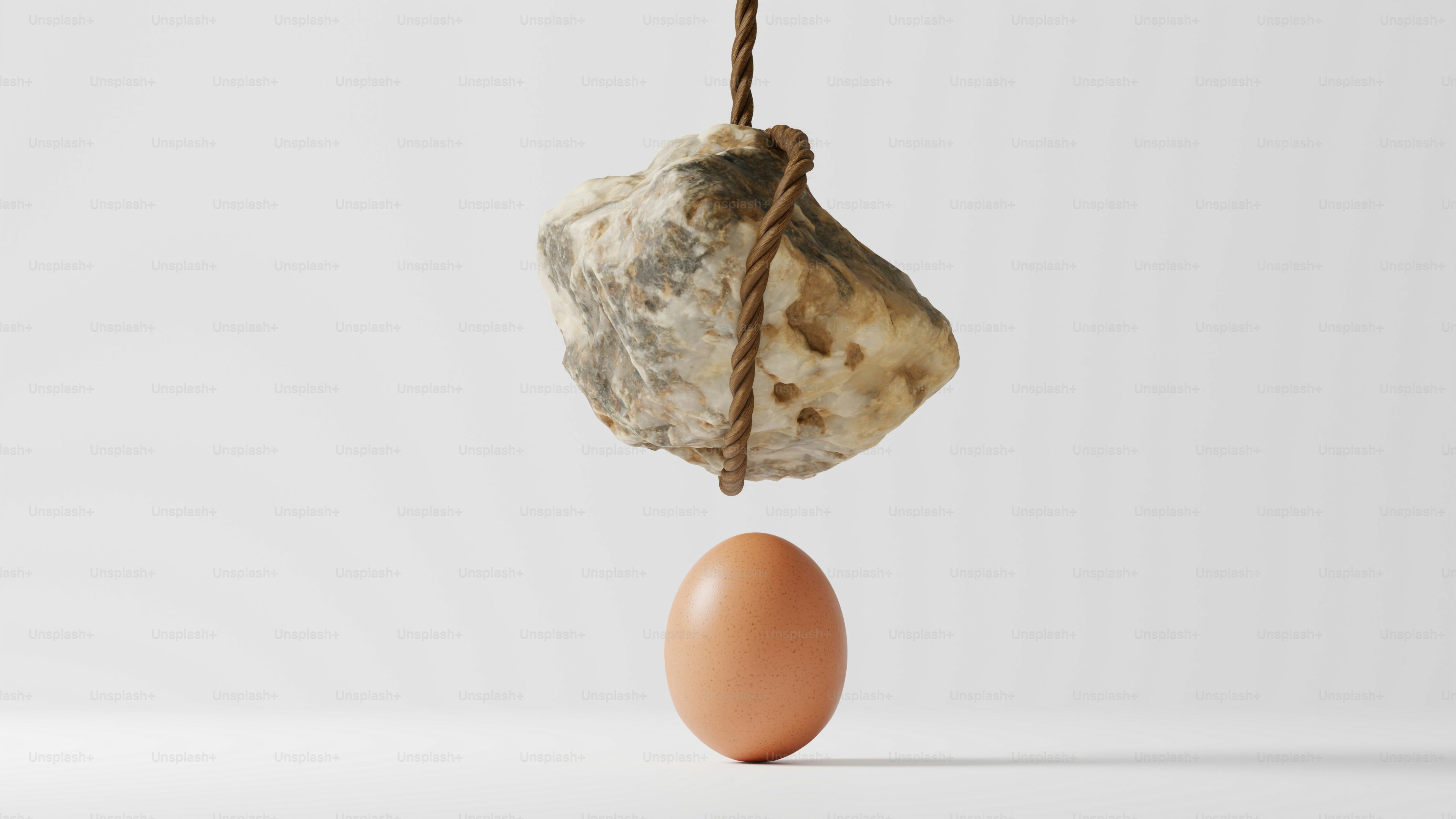 Sebuah batu menggantung di atas telur dengan latar belakang putih